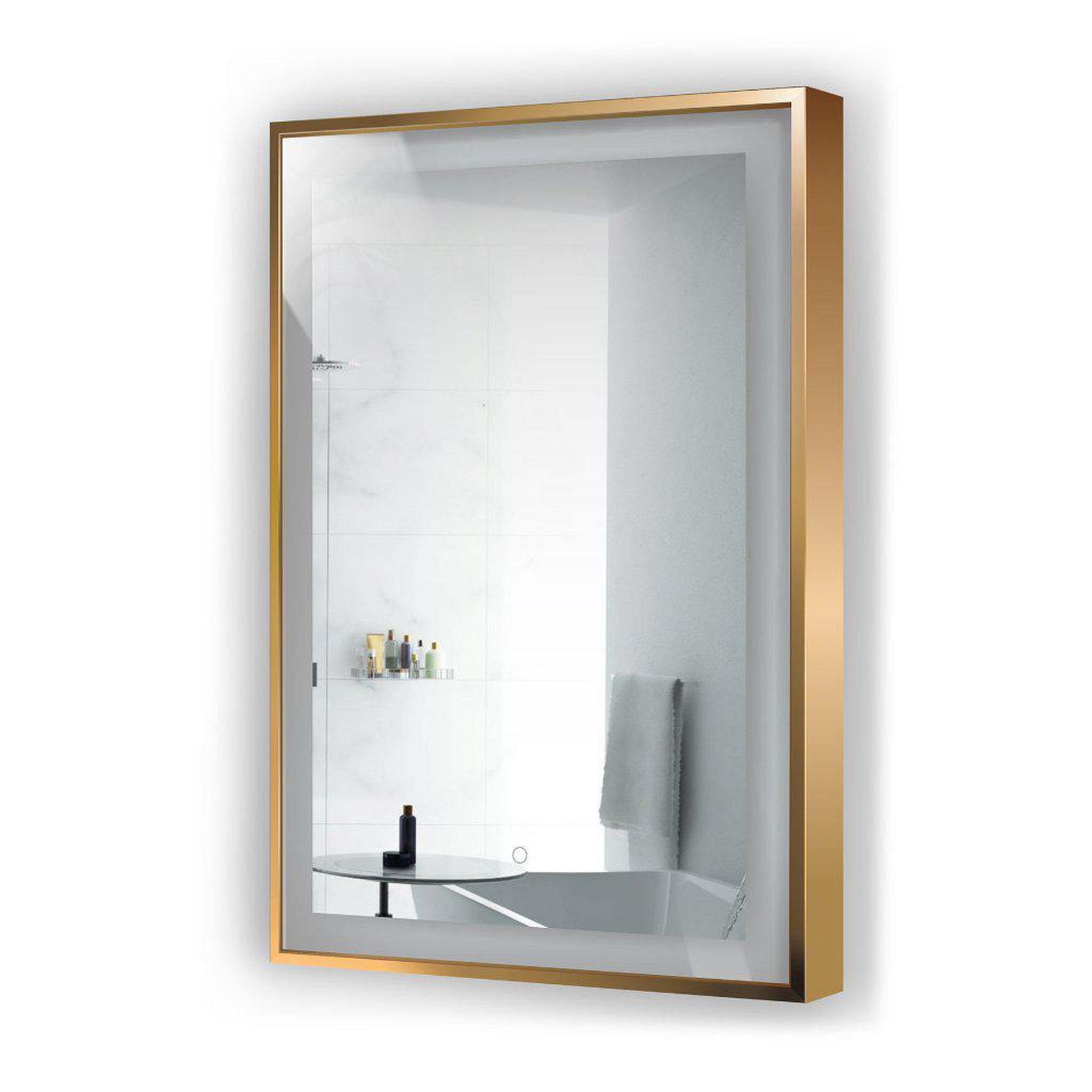 Krugg Reflections, Krugg Reflections Soho 24" x 36" 5000K Rectangular Matte Gold Wall-Mounted Framed LED Bathroom Vanity Mirror With Built-in Defogger and Dimmer