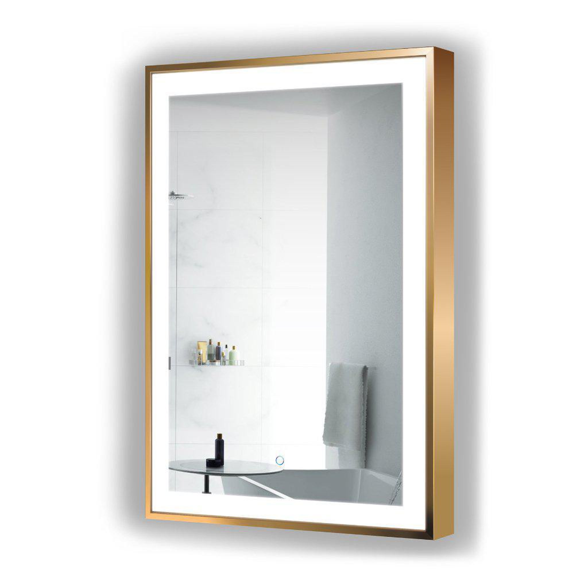 Krugg Reflections, Krugg Reflections Soho 24" x 36" 5000K Rectangular Matte Gold Wall-Mounted Framed LED Bathroom Vanity Mirror With Built-in Defogger and Dimmer