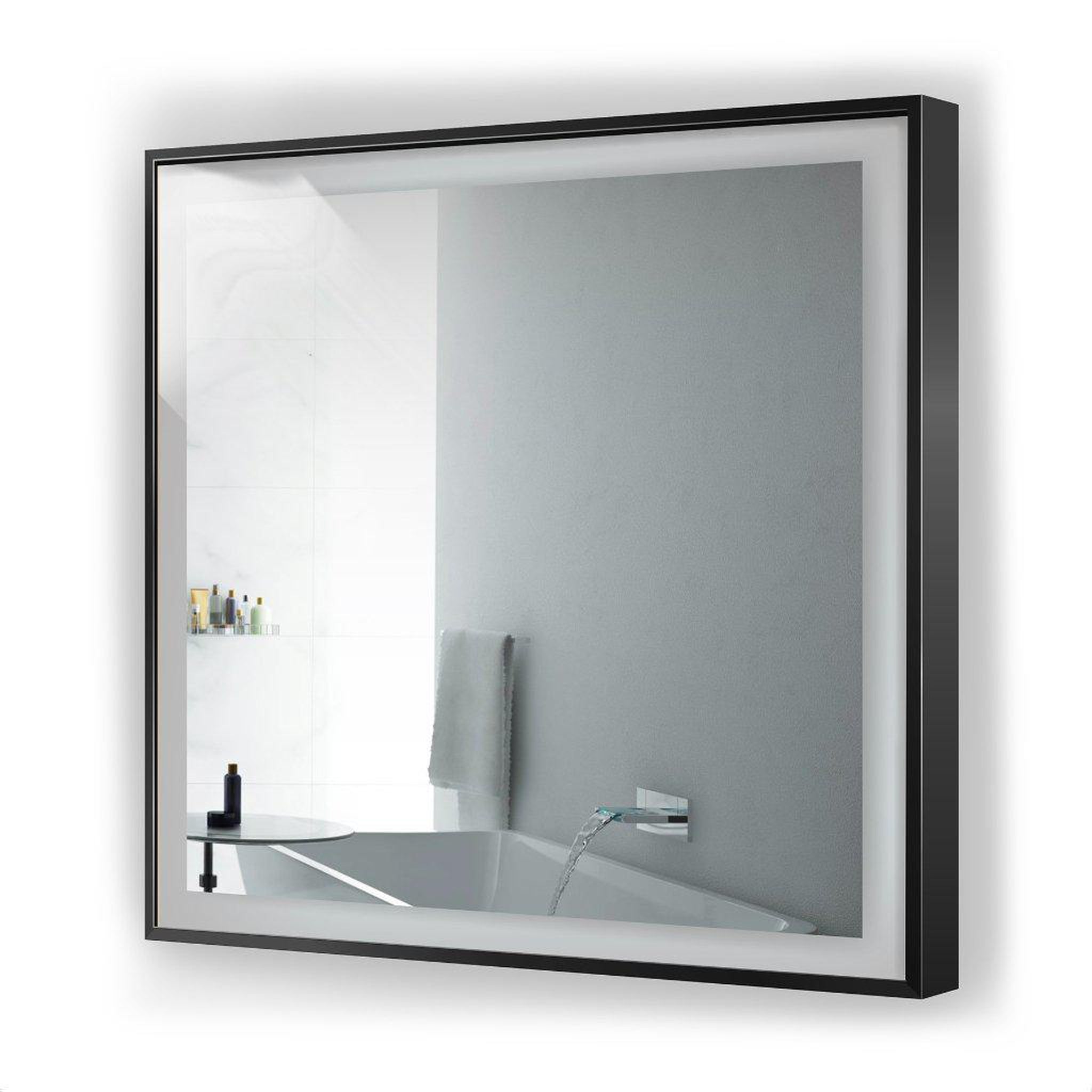 Krugg Reflections, Krugg Reflections Soho 36" x 36" 5000K Square Matte Black Wall-Mounted Framed LED Bathroom Vanity Mirror With Built-in Defogger and Dimmer