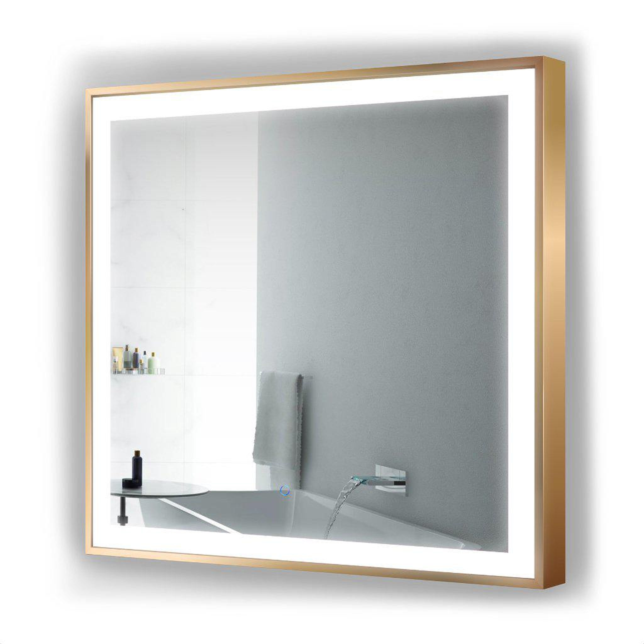 Krugg Reflections, Krugg Reflections Soho 36" x 36" 5000K Square Matte Gold Wall-Mounted Framed LED Bathroom Vanity Mirror With Built-in Defogger and Dimmer