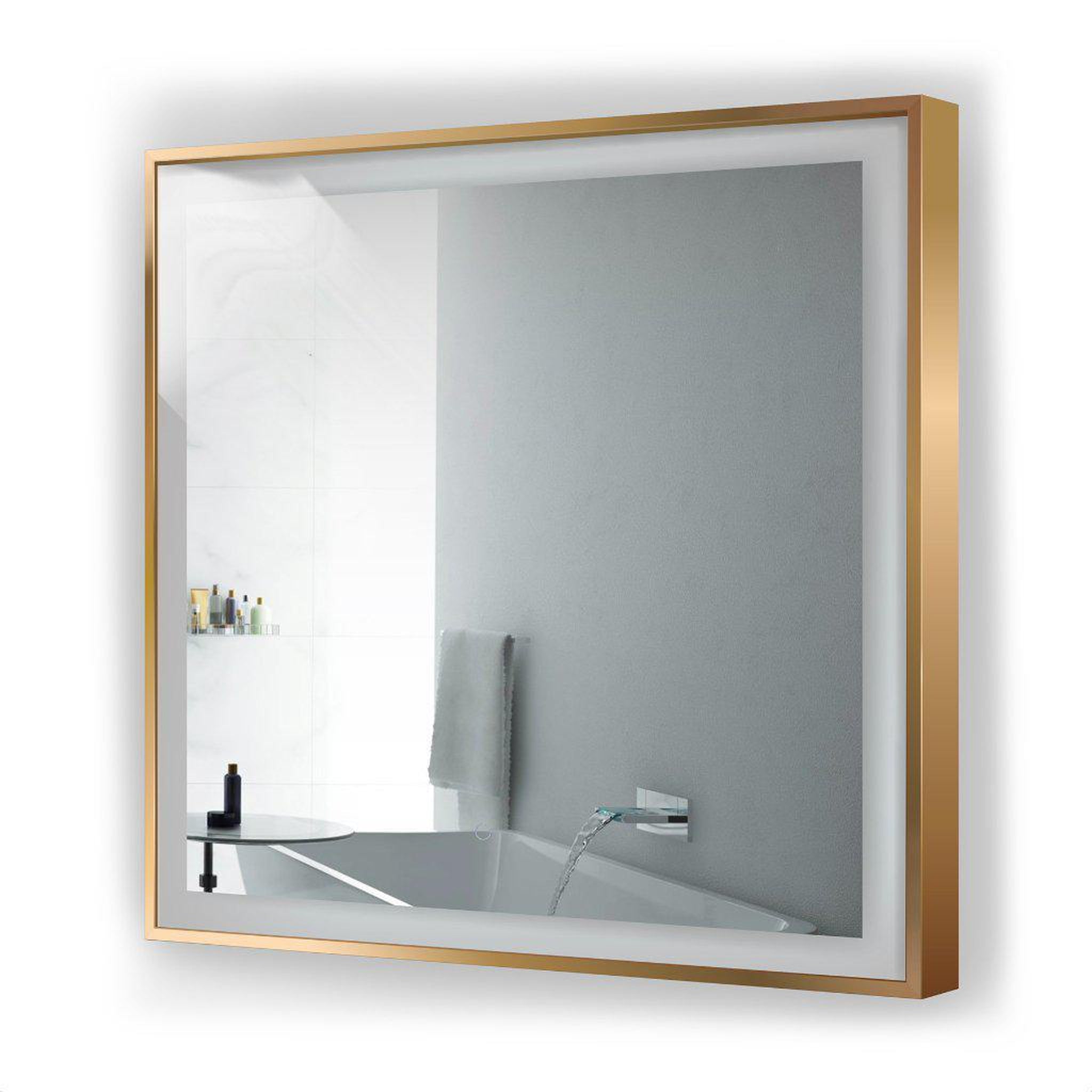 Krugg Reflections, Krugg Reflections Soho 36" x 36" 5000K Square Matte Gold Wall-Mounted Framed LED Bathroom Vanity Mirror With Built-in Defogger and Dimmer