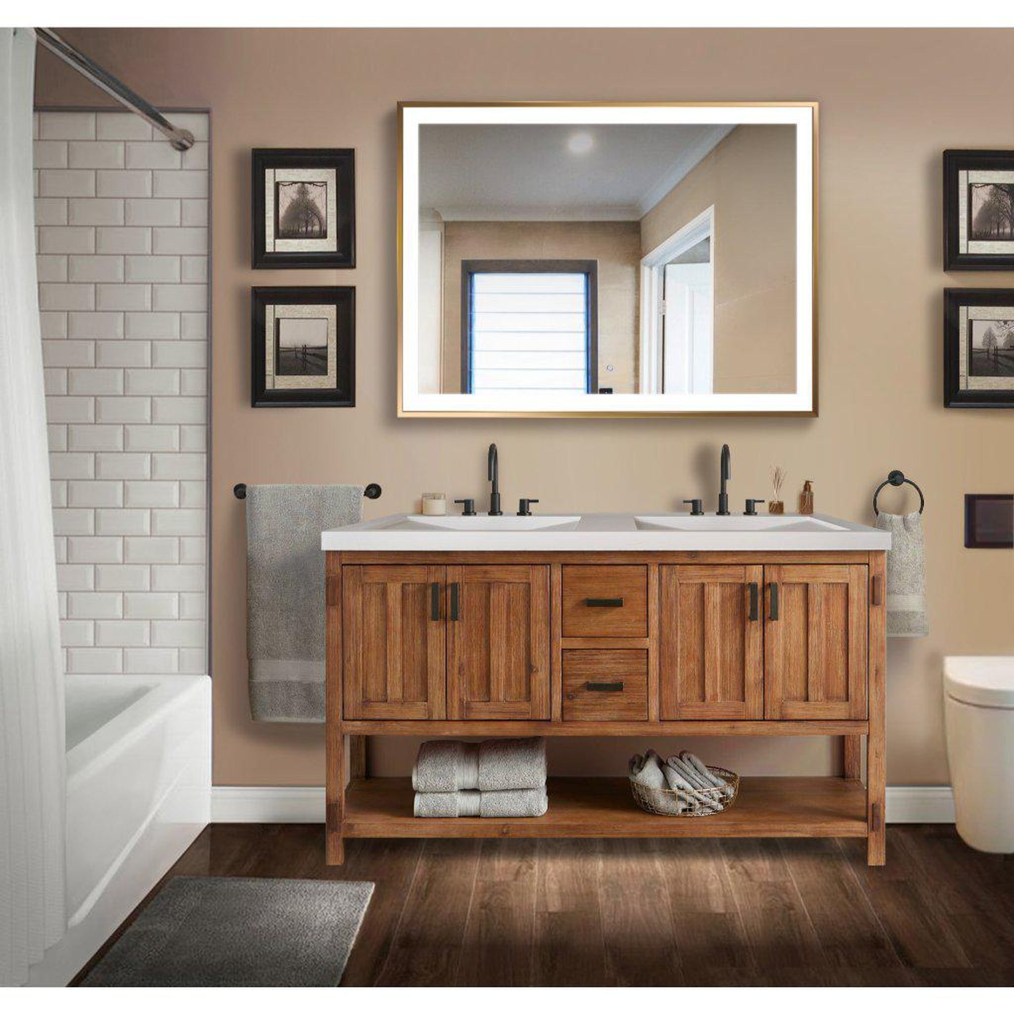 Krugg Reflections, Krugg Reflections Soho 48" x 36" 5000K Rectangular Matte Gold Wall-Mounted Framed LED Bathroom Vanity Mirror With Built-in Defogger and Dimmer
