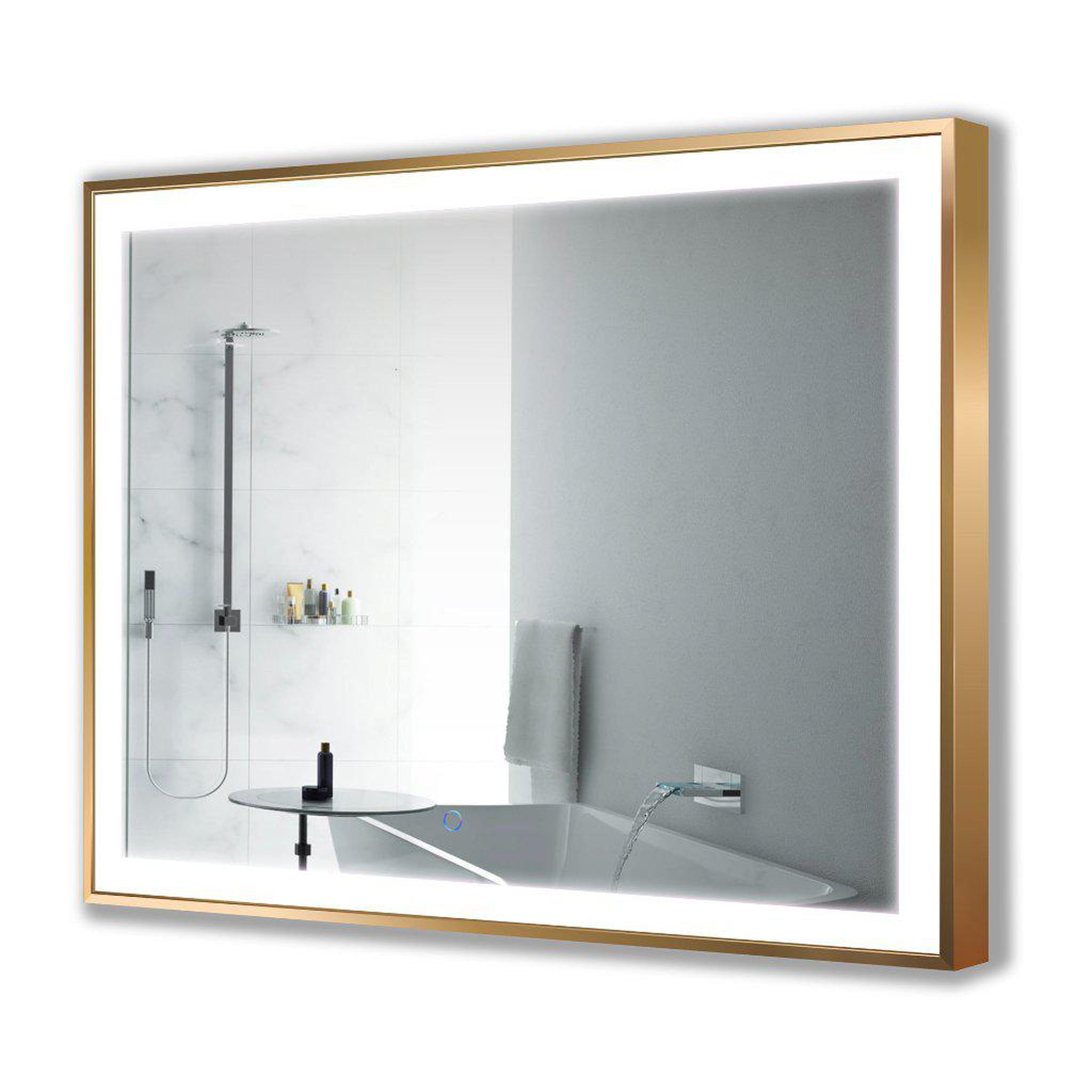Krugg Reflections, Krugg Reflections Soho 48" x 36" 5000K Rectangular Matte Gold Wall-Mounted Framed LED Bathroom Vanity Mirror With Built-in Defogger and Dimmer