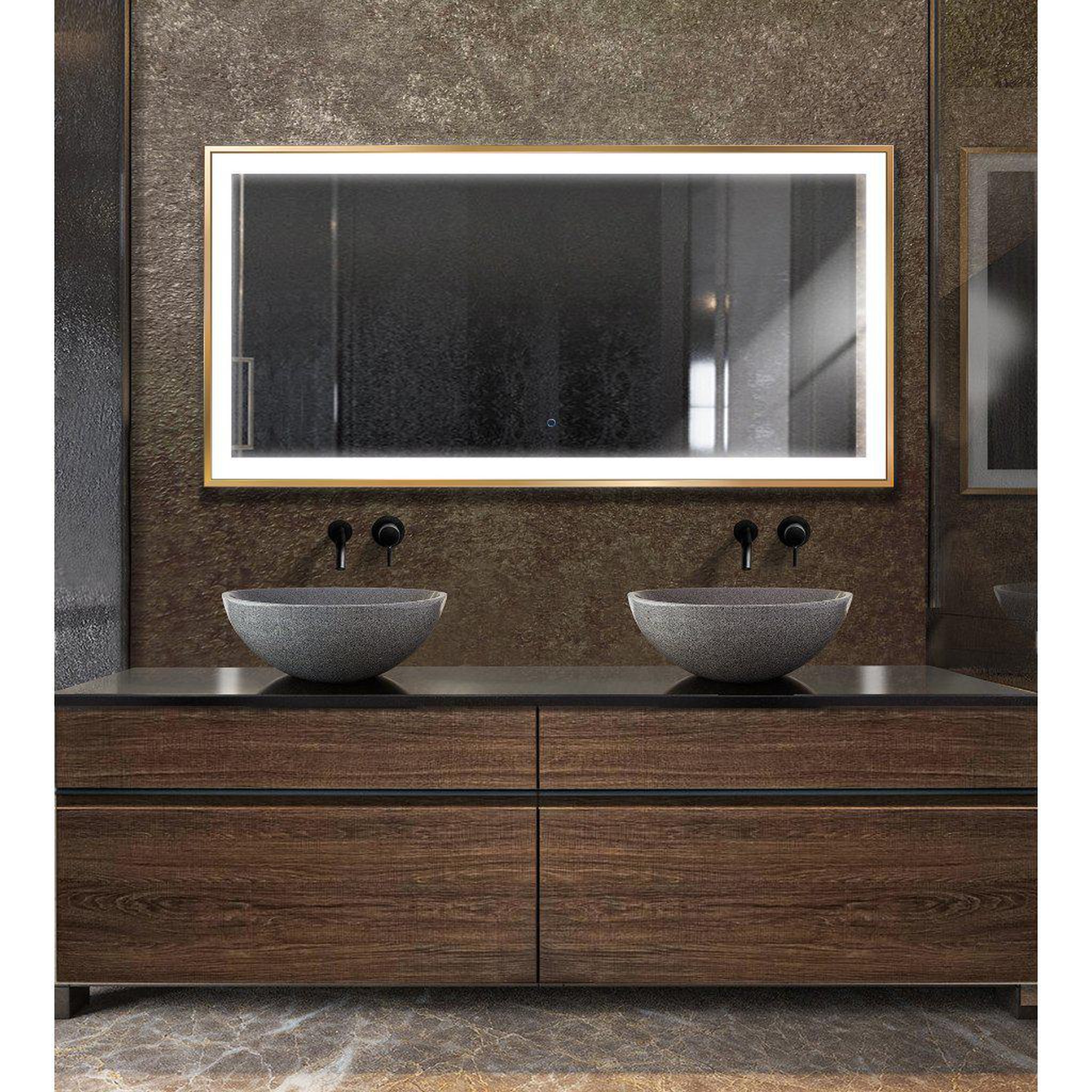 Krugg Reflections, Krugg Reflections Soho 60" x 30" 5000K Rectangular Matte Gold Wall-Mounted Framed LED Bathroom Vanity Mirror With Built-in Defogger and Dimmer