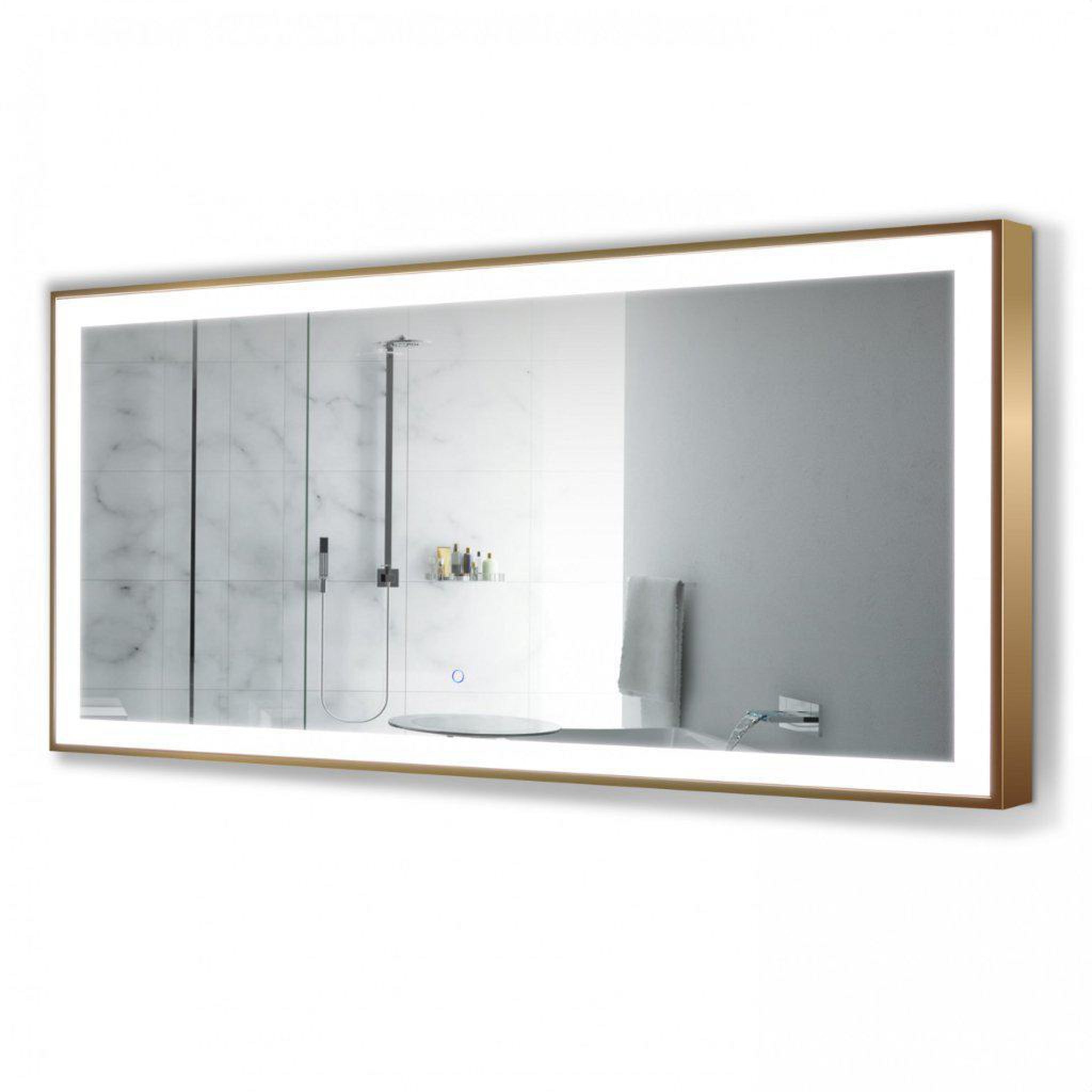 Krugg Reflections, Krugg Reflections Soho 60" x 30" 5000K Rectangular Matte Gold Wall-Mounted Framed LED Bathroom Vanity Mirror With Built-in Defogger and Dimmer