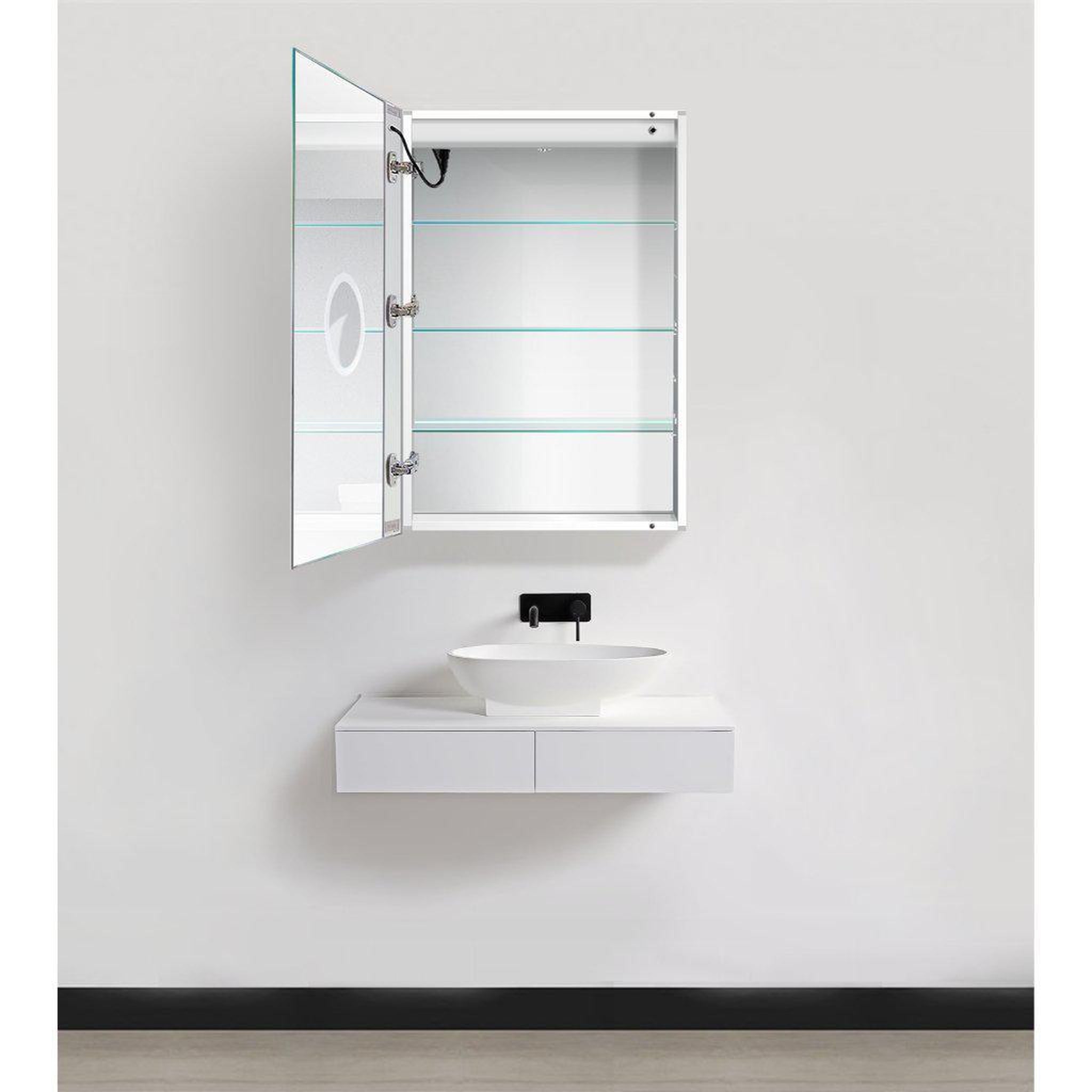 Krugg Reflections, Krugg Reflections Svange 24" x 36" 5000K Single Left Opening Rectangular Recessed/Surface-Mount Illuminated Silver Backed LED Medicine Cabinet Mirror With Built-in Defogger, Dimmer and Electrical Outlet