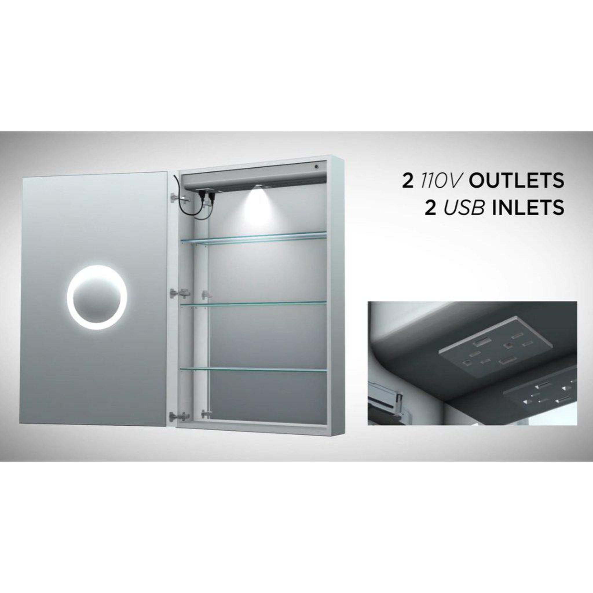 Krugg Reflections, Krugg Reflections Svange 24" x 42" 5000K Single Right Opening Rectangular Recessed/Surface-Mount Illuminated Silver Backed LED Medicine Cabinet Mirror With Built-in Defogger, Dimmer and Electrical Outlet