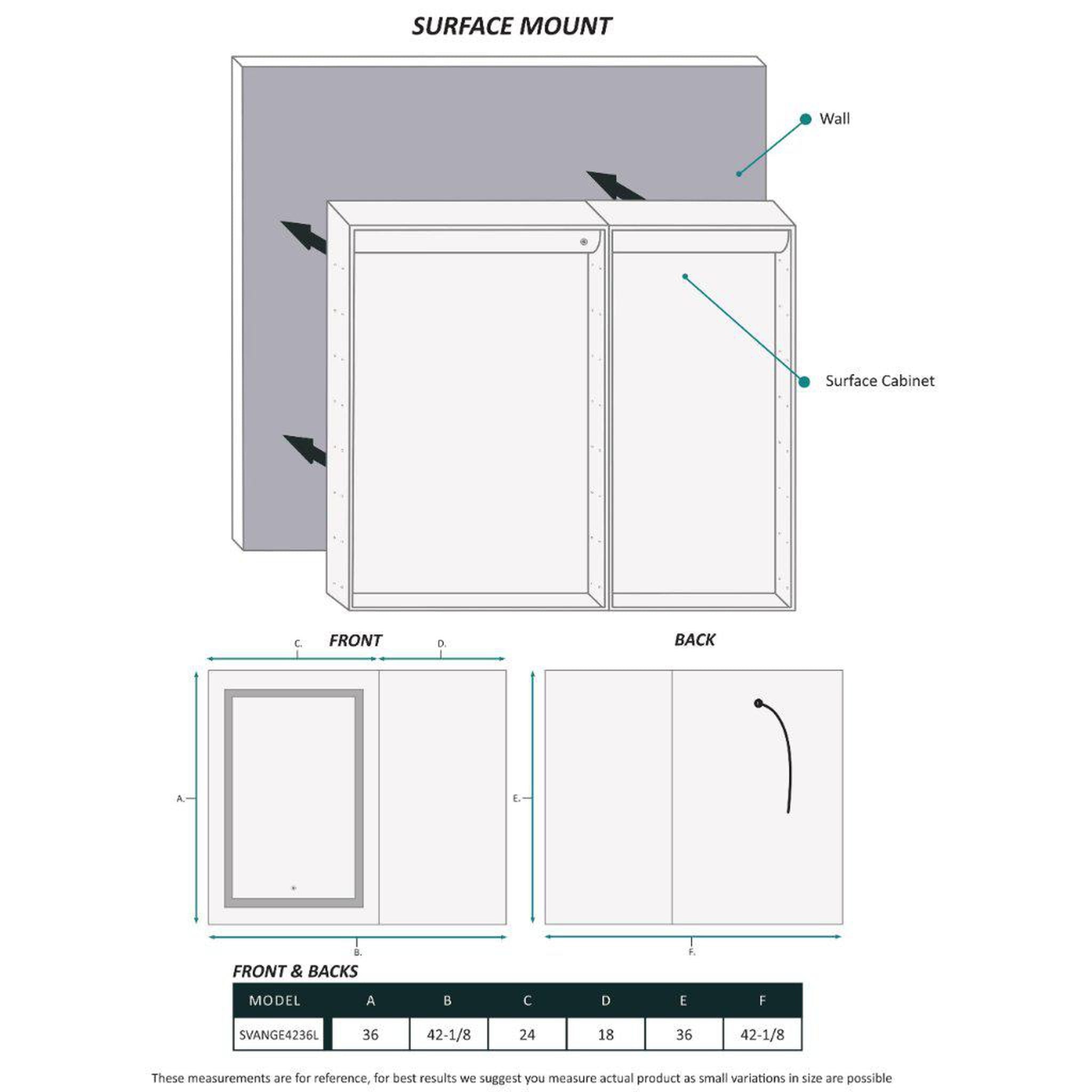 Krugg Reflections, Krugg Reflections Svange 42" x 36" 5000K Single Bi-View Left Opening Recessed/Surface-Mount Illuminated Silver Backed LED Medicine Cabinet Mirror With Built-in Defogger, Dimmer and Electrical Outlet