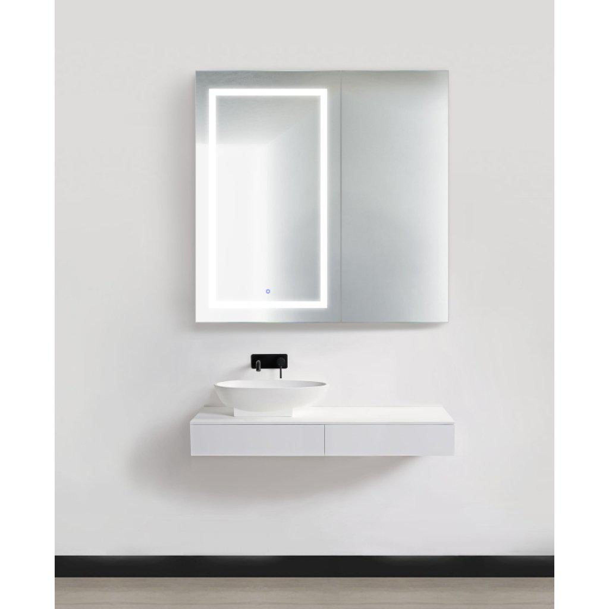 Krugg Reflections, Krugg Reflections Svange 42" x 42" 5000K Single Bi-View Left Opening Recessed/Surface-Mount Illuminated Silver Backed LED Medicine Cabinet Mirror With Built-in Defogger, Dimmer and Electrical Outlet