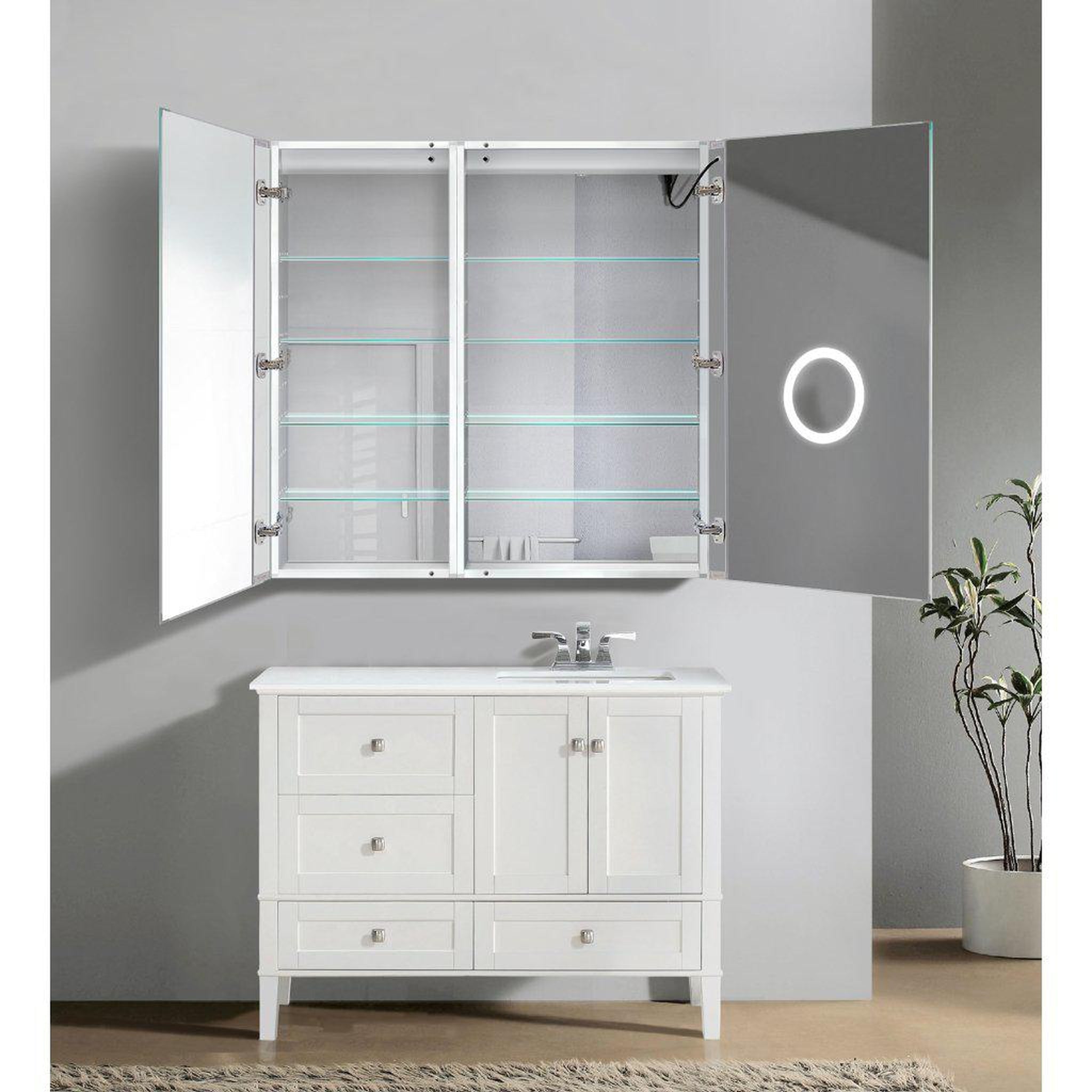 Krugg Reflections, Krugg Reflections Svange 42" x 42" 5000K Single Bi-View Right Opening Recessed/Surface-Mount Illuminated Silver Backed LED Medicine Cabinet Mirror With Built-in Defogger, Dimmer and Electrical Outlet