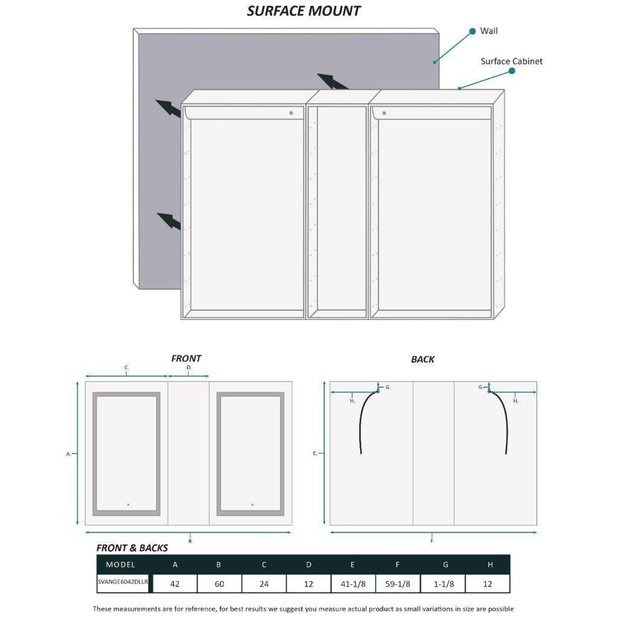 Krugg Reflections, Krugg Reflections Svange 60" x 42" 5000K Double Left-Left-Right Opening Recessed/Surface-Mount Illuminated Silver Backed LED Medicine Cabinet Mirror With Built-in Defogger, Dimmer and Electrical Outlet