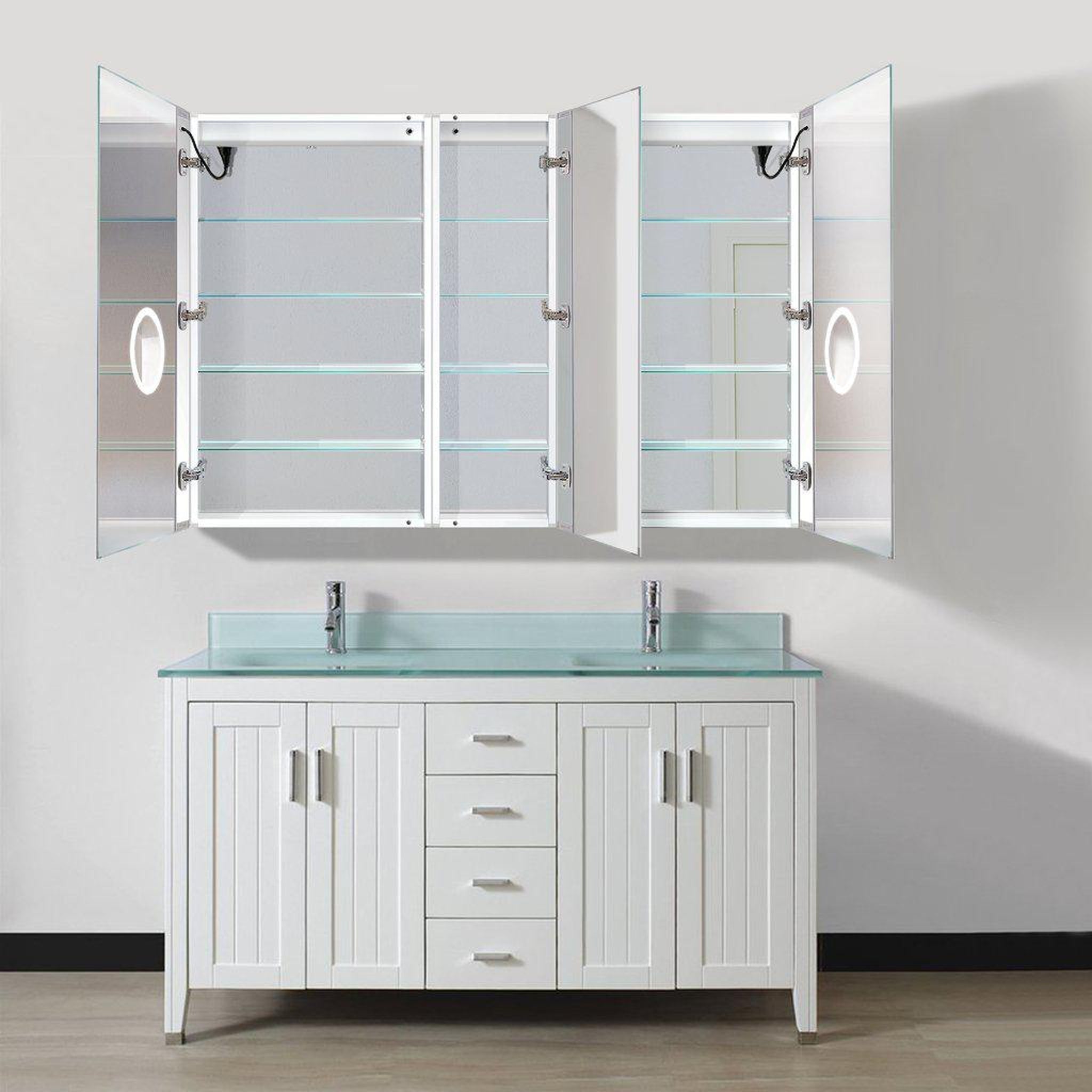 Krugg Reflections, Krugg Reflections Svange 60" x 42" 5000K Double Left-Right-Right Opening Recessed/Surface-Mount Illuminated Silver Backed LED Medicine Cabinet Mirror With Built-in Defogger, Dimmer and Electrical Outlet