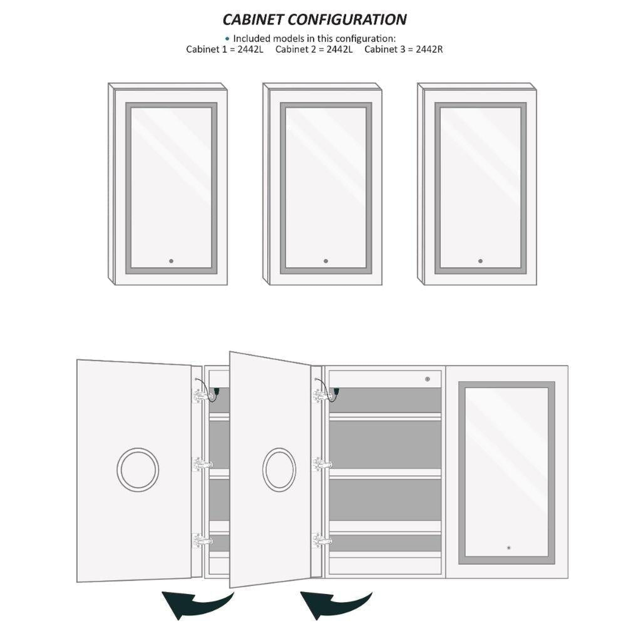 Krugg Reflections, Krugg Reflections Svange 72" x 42" 5000K Tri-View Left-Left-Right Opening Recessed/Surface-Mount Illuminated Silver Backed LED Medicine Cabinet Mirror With Built-in Defogger, Dimmer and Electrical Outlet