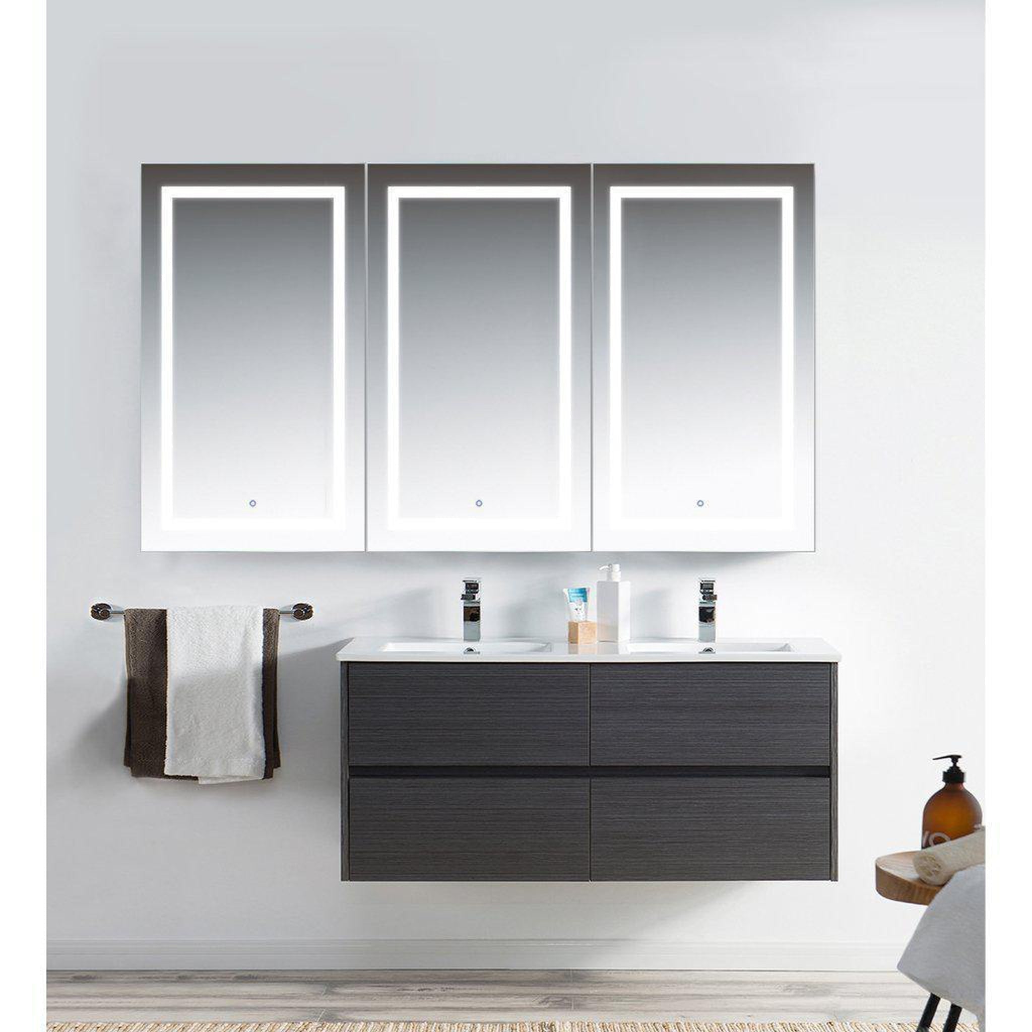 Krugg Reflections, Krugg Reflections Svange 72" x 42" 5000K Tri-View Left-Right-Right Opening Recessed/Surface-Mount Illuminated Silver Backed LED Medicine Cabinet Mirror With Built-in Defogger, Dimmer and Electrical Outlet