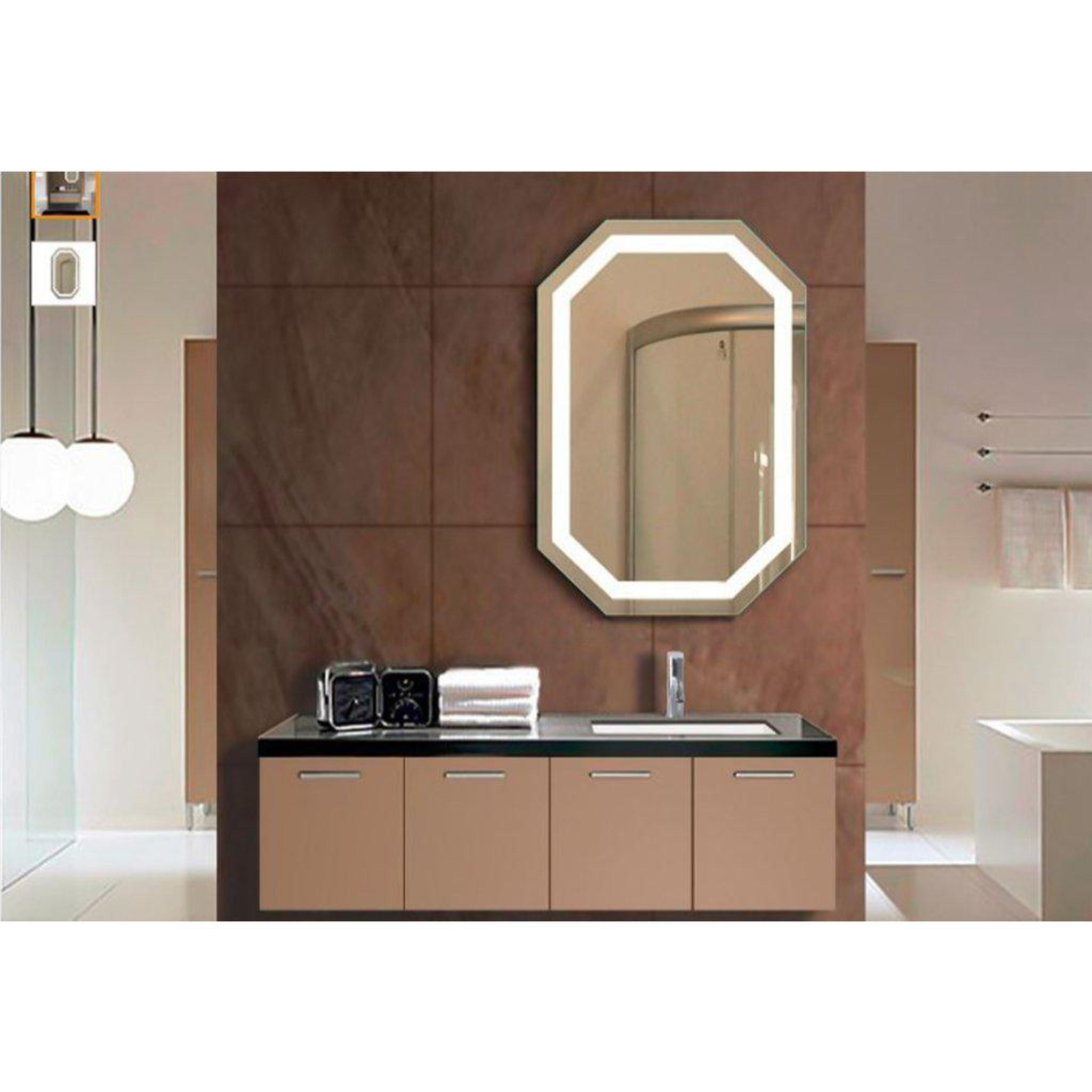 Krugg Reflections, Krugg Reflections Tudor 30" x 20" 5000K Octagon Wall-Mounted Illuminated Silver Backed LED Mirror With Built-in Defogger and Touch Sensor On/Off Built-in Dimmer