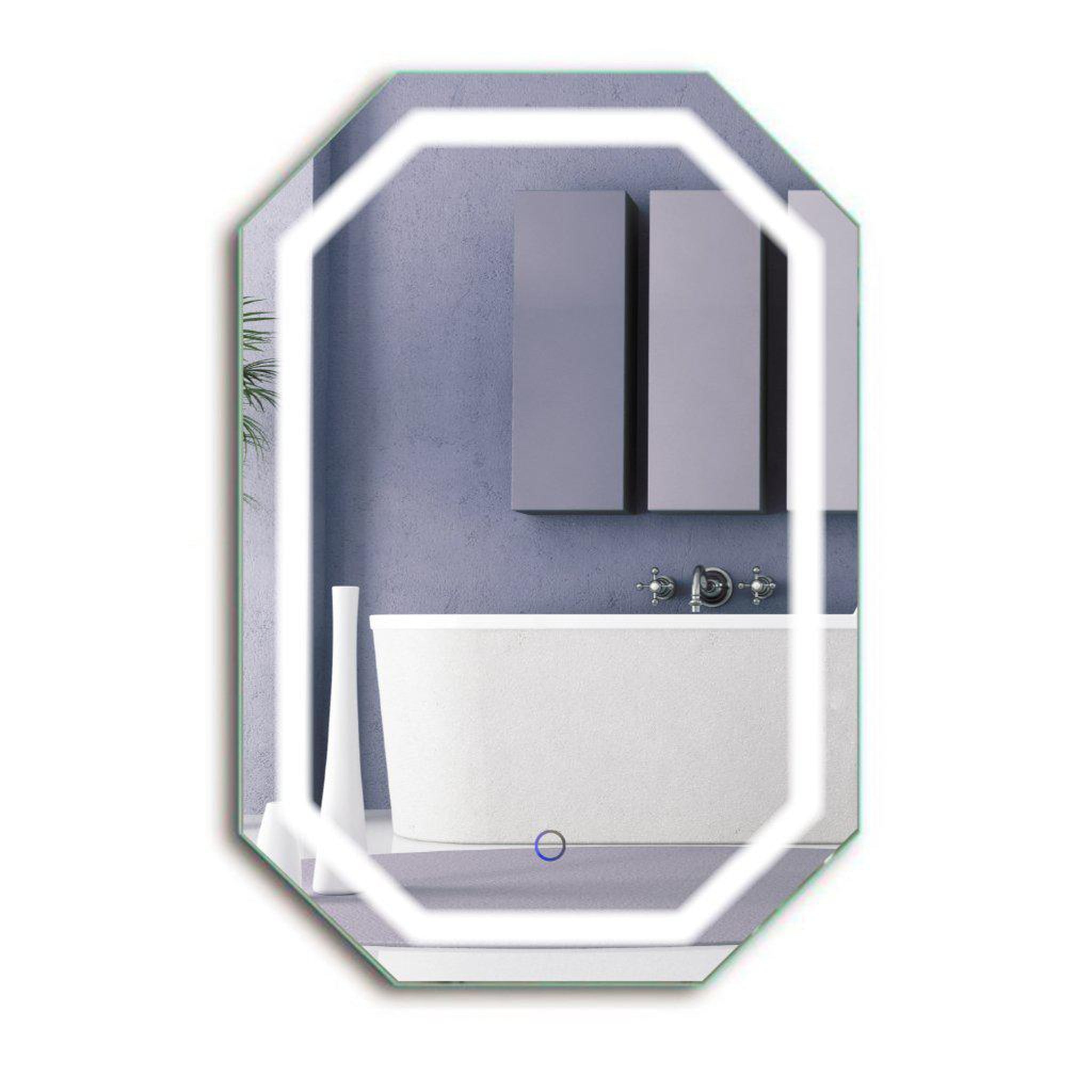 Krugg Reflections, Krugg Reflections Tudor 30" x 20" 5000K Octagon Wall-Mounted Illuminated Silver Backed LED Mirror With Built-in Defogger and Touch Sensor On/Off Built-in Dimmer