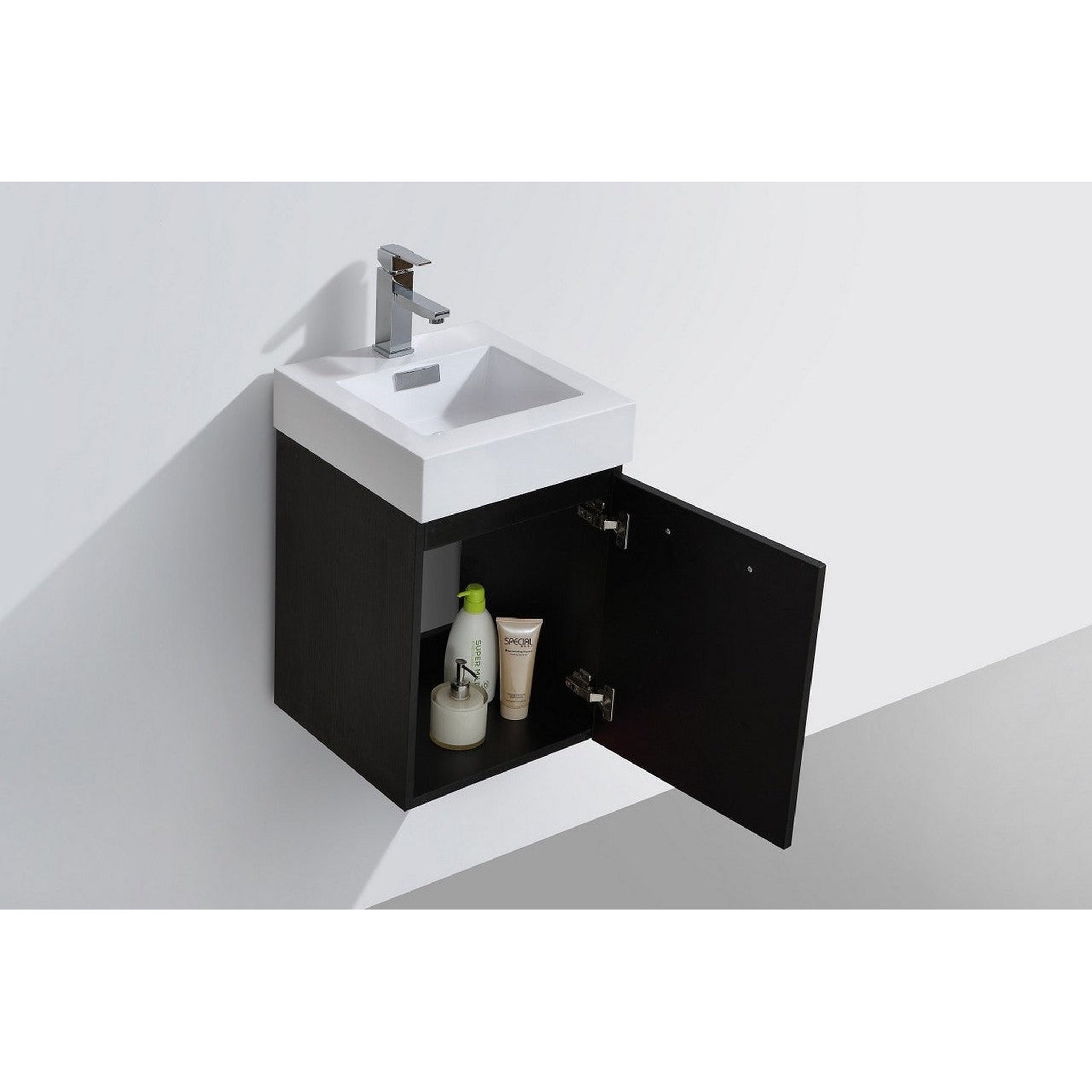 KubeBath, KubeBath Bliss 16" Black Wall-Mounted Modern Bathroom Vanity With Single Integrated Acrylic Sink With Overflow and 22" Black Framed Mirror With Shelf