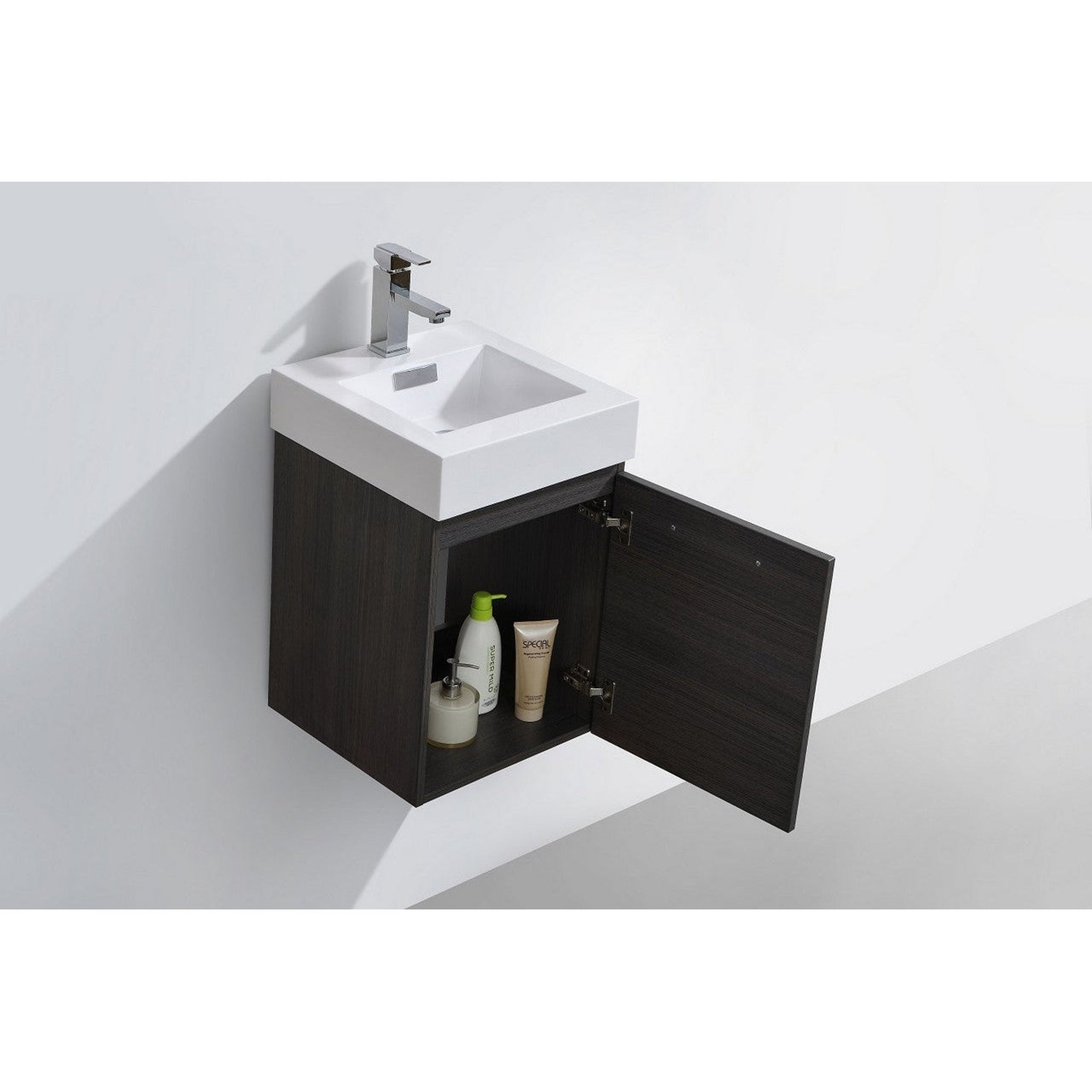 KubeBath, KubeBath Bliss 16" High Gloss Gray Oak Wall-Mounted Modern Bathroom Vanity With Single Integrated Acrylic Sink With Overflow and 22" Wood Framed Mirror With Shelf