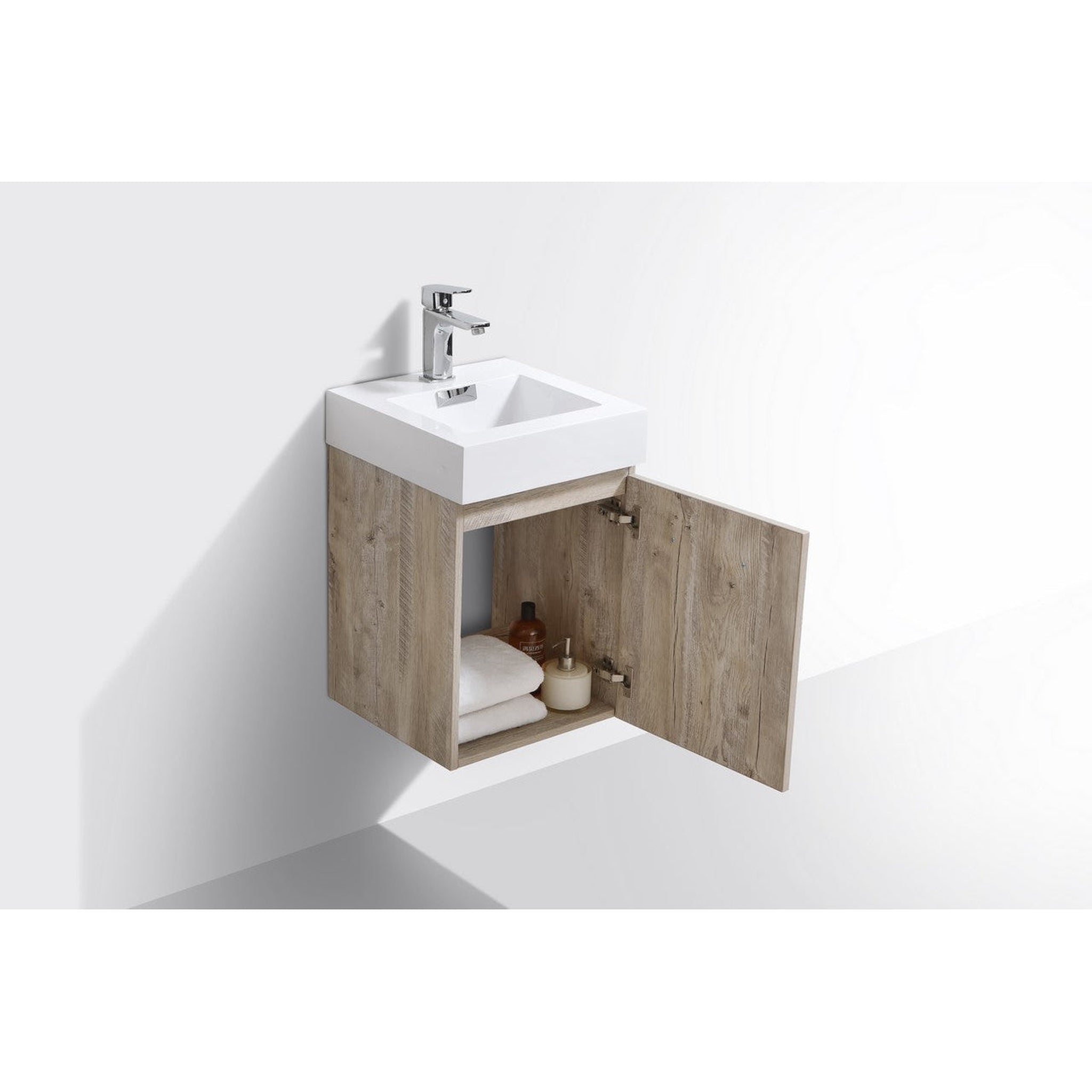 KubeBath, KubeBath Bliss 16" Nature Wood Wall-Mount Modern Bathroom Single Vanity With Integrated Acrylic Sink With Overflow and 24" Nature Wood Framed Mirror With Shelf