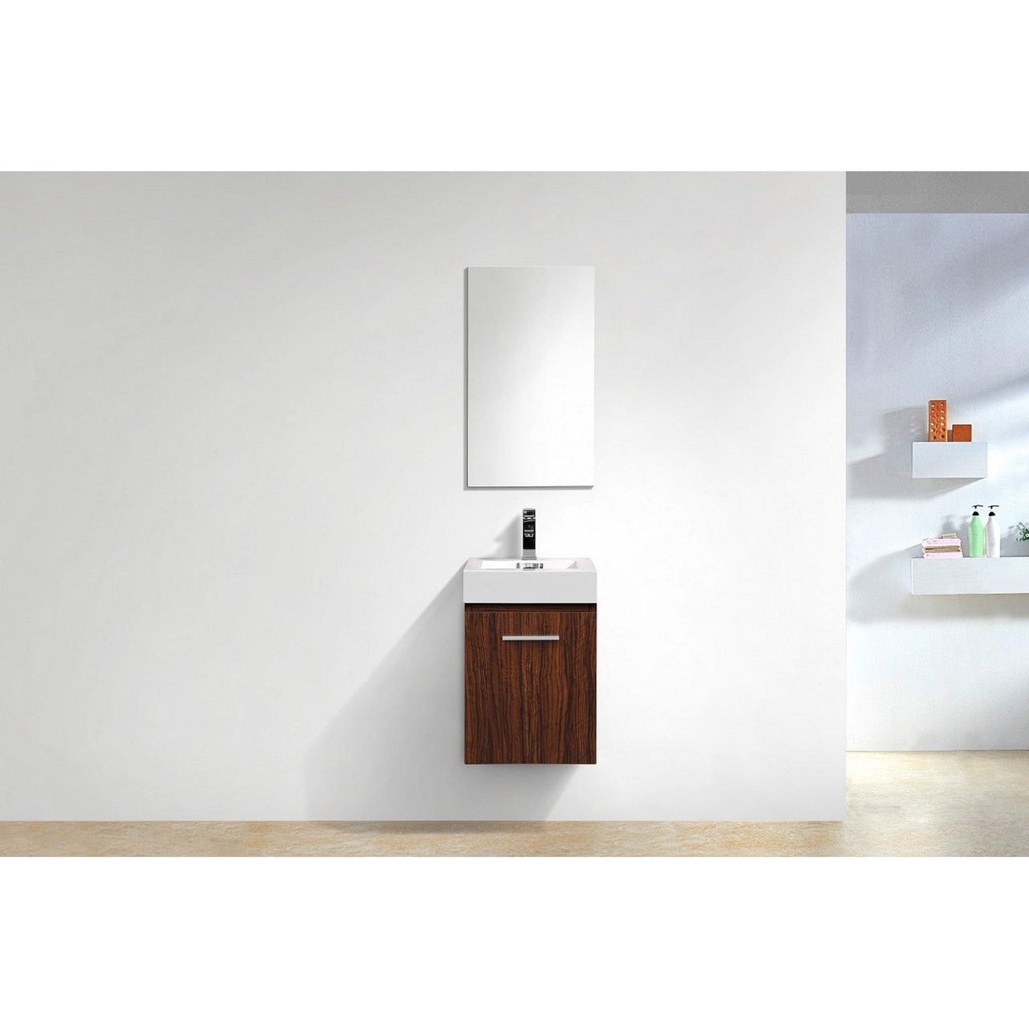 KubeBath, KubeBath Bliss 16" Walnut Wall-Mounted Modern Bathroom Vanity With Single Integrated Acrylic Sink With Overflow