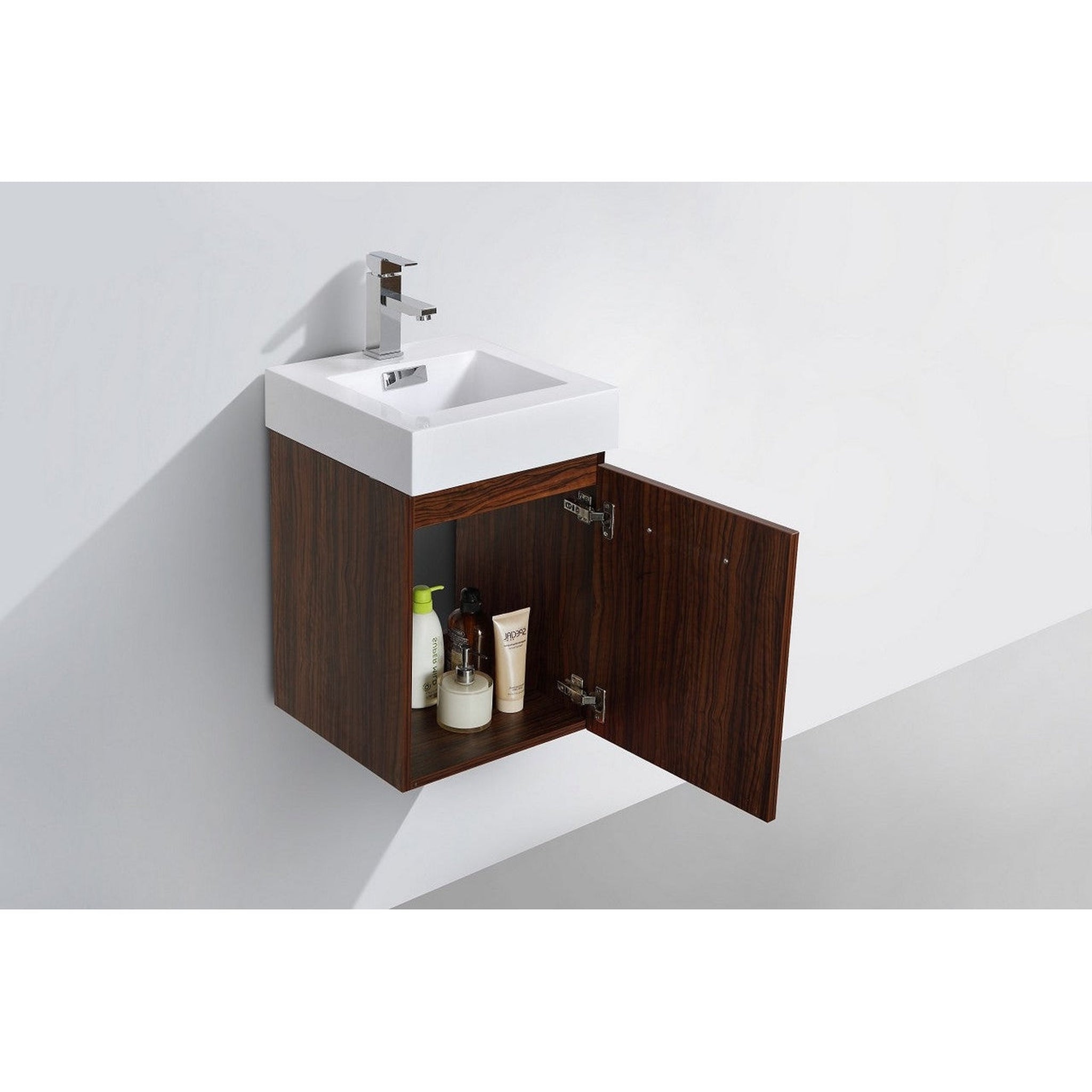 KubeBath, KubeBath Bliss 16" Walnut Wall-Mounted Modern Bathroom Vanity With Single Integrated Acrylic Sink With Overflow and 22" Walnut Wood Framed Mirror With Shelf