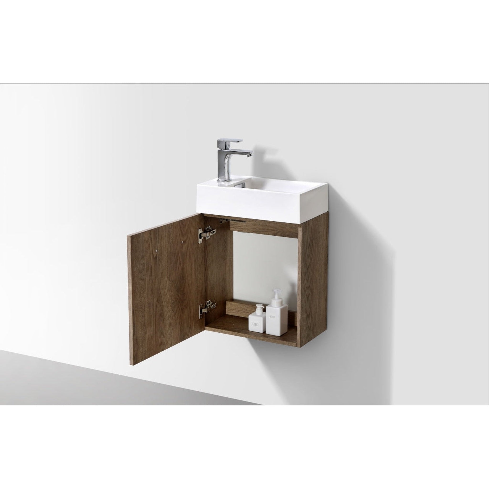 KubeBath, KubeBath Bliss 18" Butternut Wall-Mounted Modern Bathroom Vanity With Single Integrated Acrylic Sink With Overflow and 24" Butternut Framed Mirror With Shelf