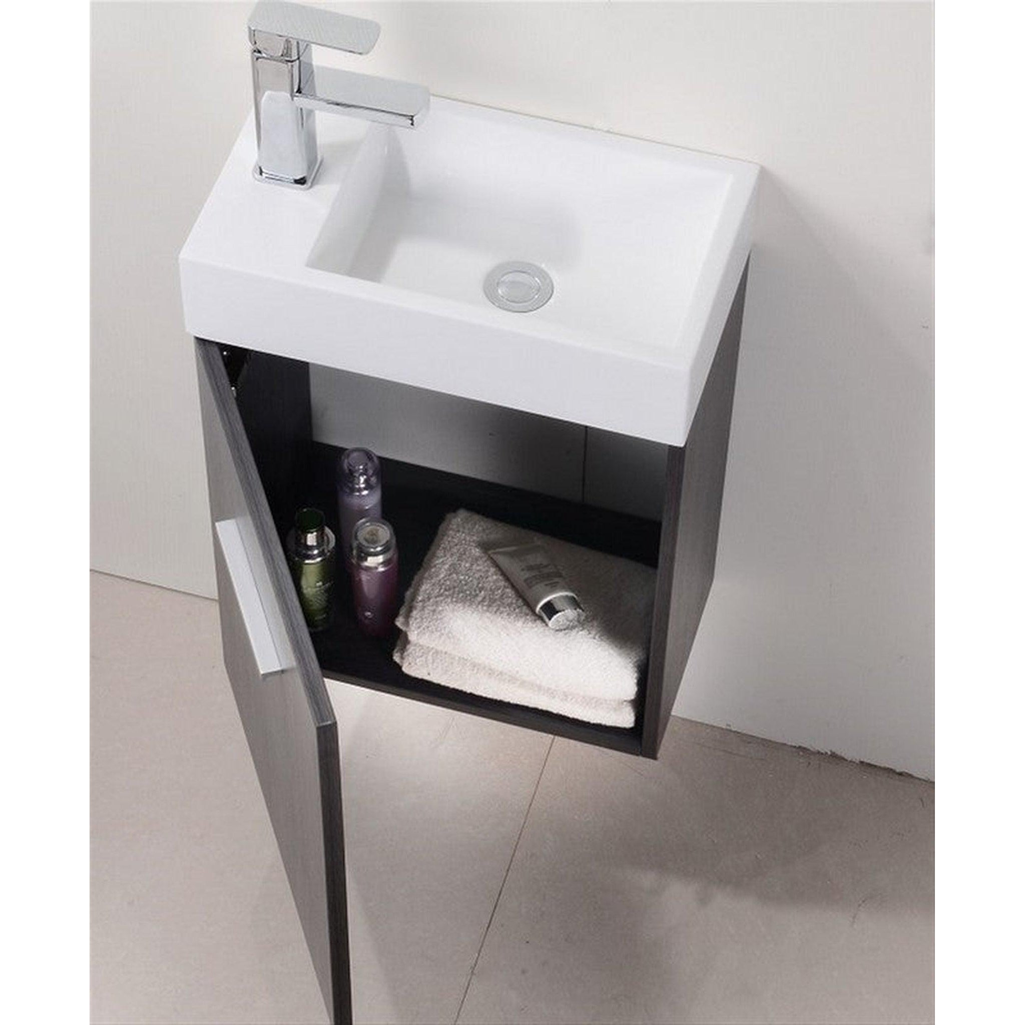 KubeBath, KubeBath Bliss 18" Gray Oak Wall-Mounted Modern Bathroom Vanity With Single Integrated Acrylic Sink With Overflow and 22" Gray Oak Framed Mirror With Shelf