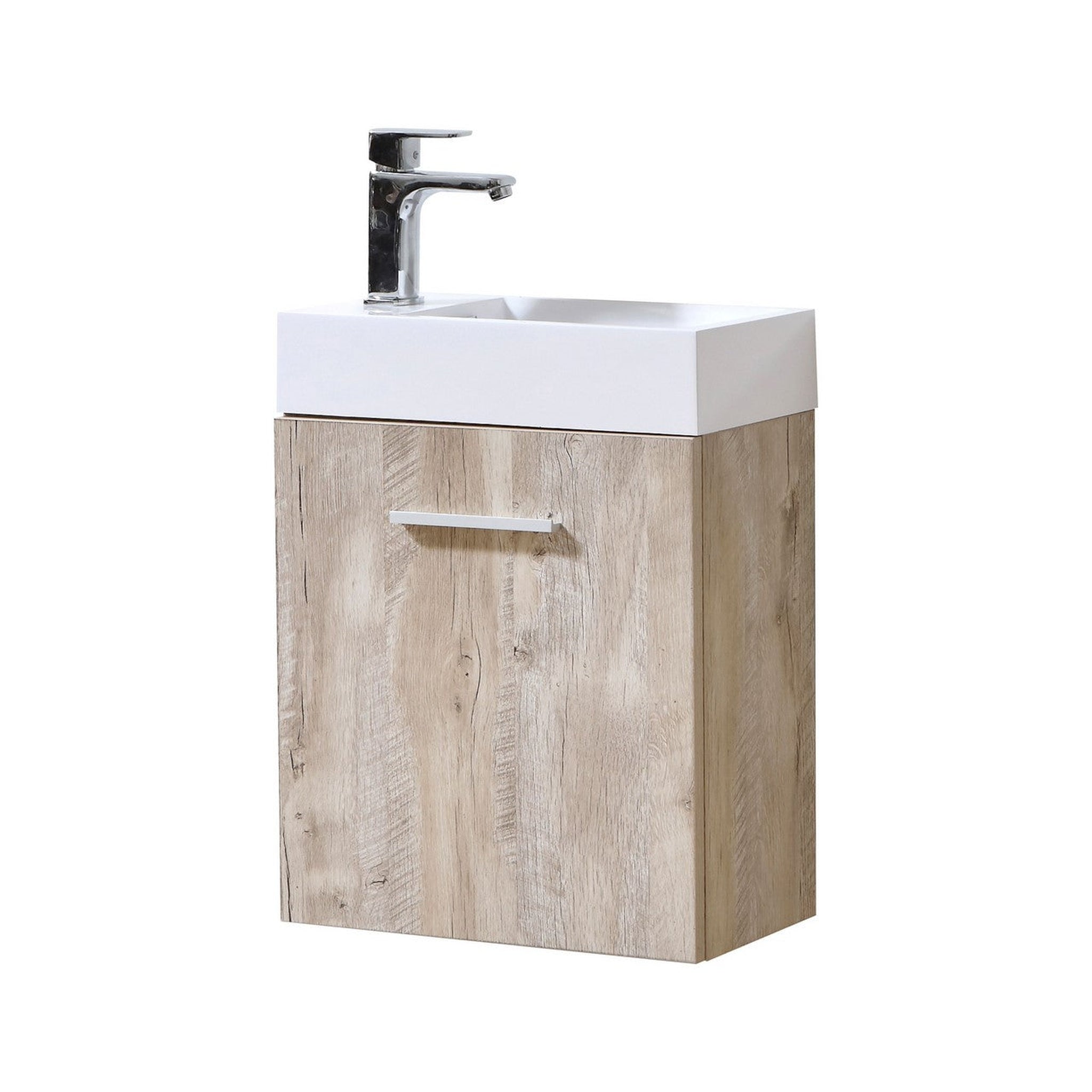 KubeBath, KubeBath Bliss 18" Nature Wood Wall-Mounted Modern Bathroom Vanity With Single Integrated Acrylic Sink With Overflow and 24" Wood Framed Mirror With Shelf