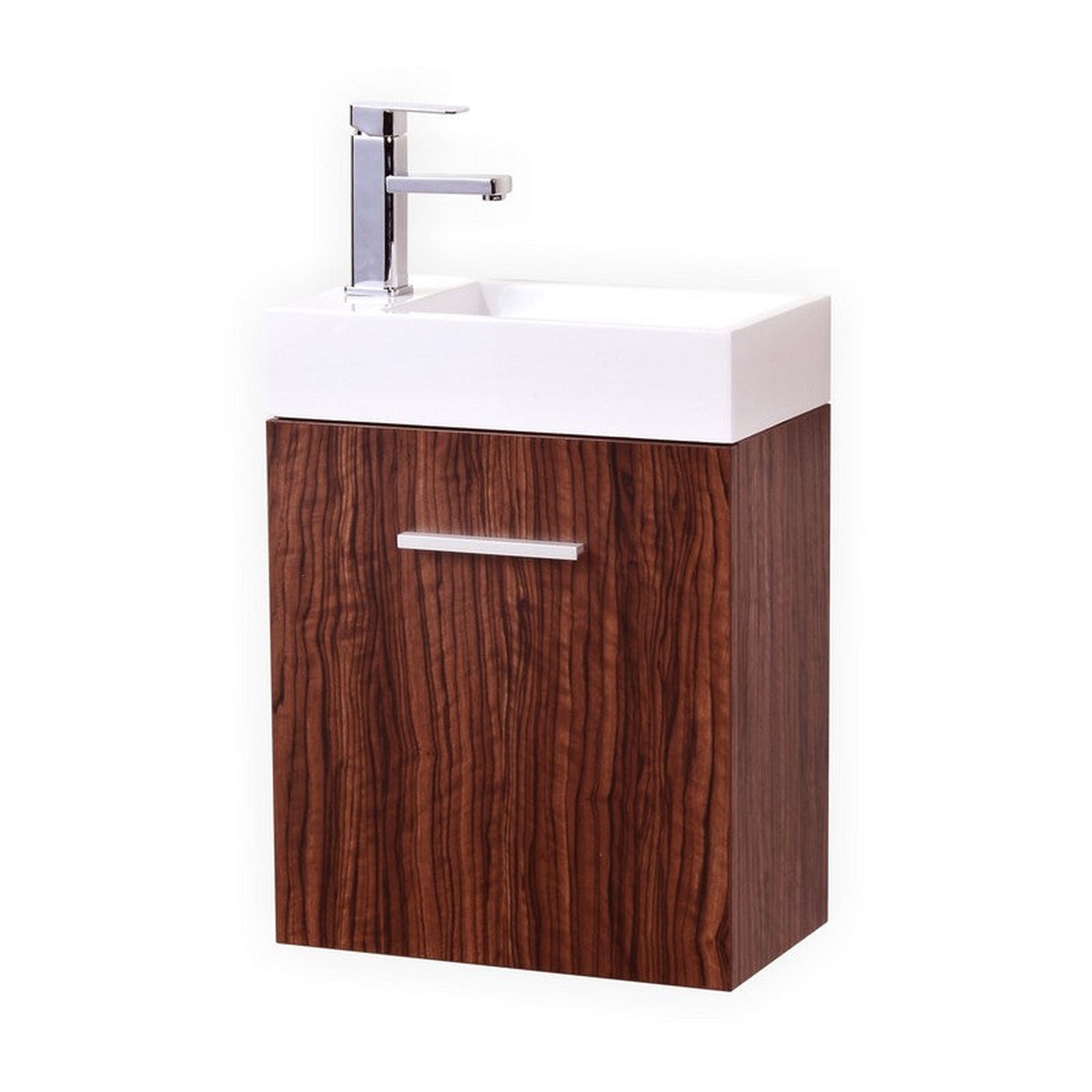 KubeBath, KubeBath Bliss 18" Walnut Wall-Mounted Modern Bathroom Vanity With Single Integrated Acrylic Sink With Overflow and 22" Wood Framed Mirror With Shelf