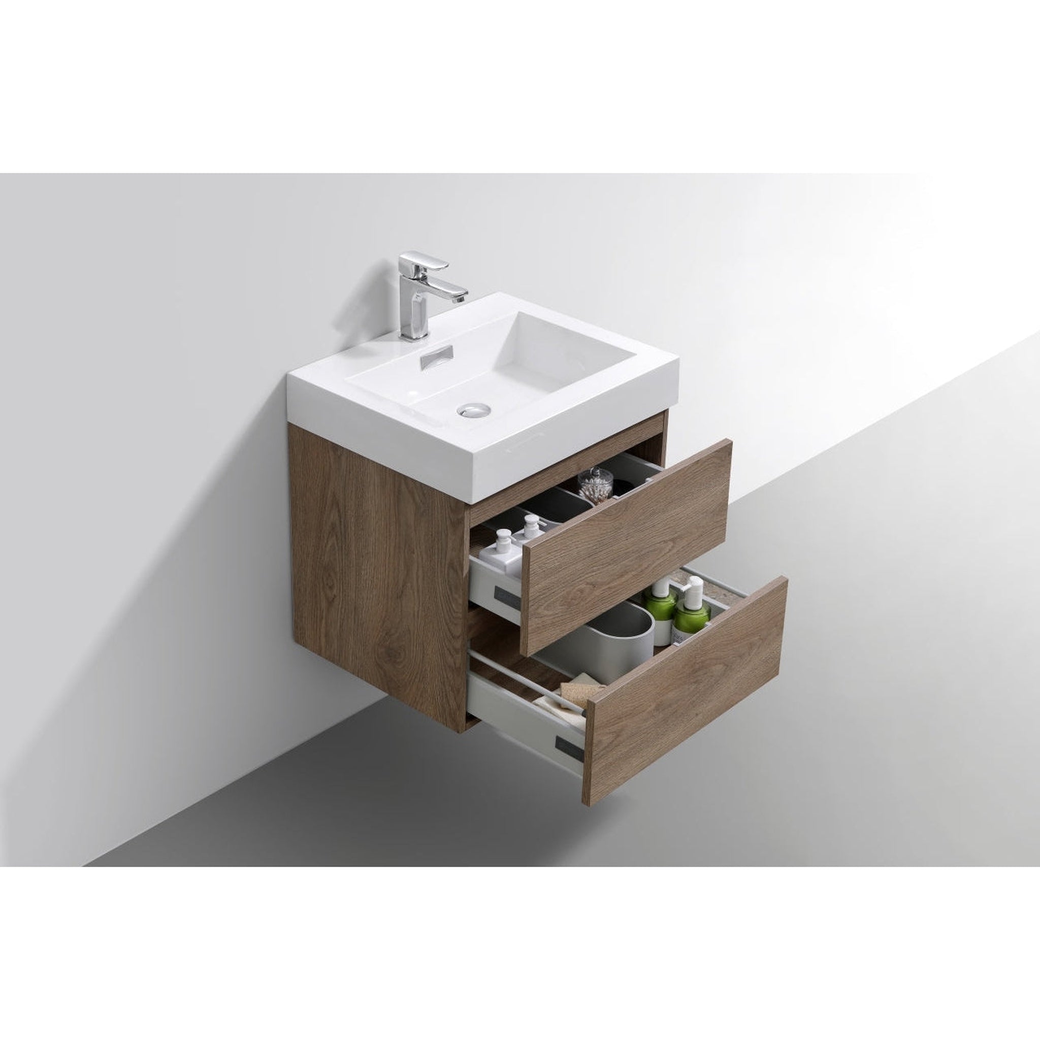 KubeBath, KubeBath Bliss 24" Butternut Wall-Mounted Modern Bathroom Vanity With Single Integrated Acrylic Sink With Overflow