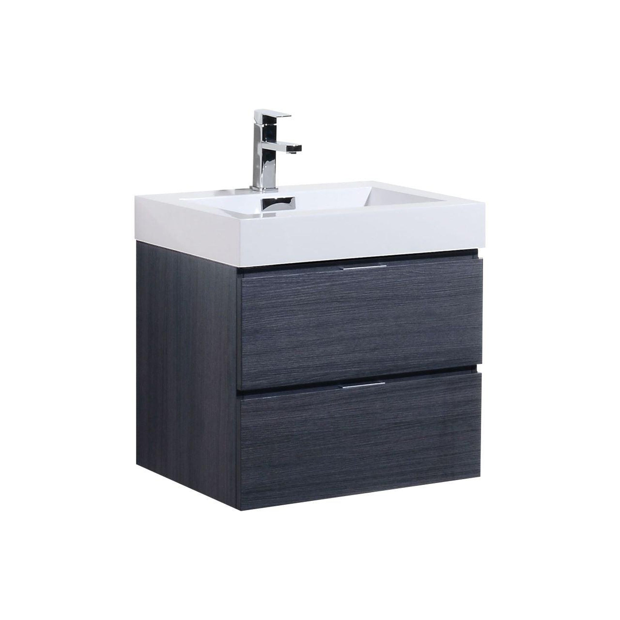 KubeBath, KubeBath Bliss 24" Gray Oak Wall-Mounted Modern Bathroom Vanity With Single Integrated Acrylic Sink With Overflow and 22" Gray Oak Framed Mirror With Shelf