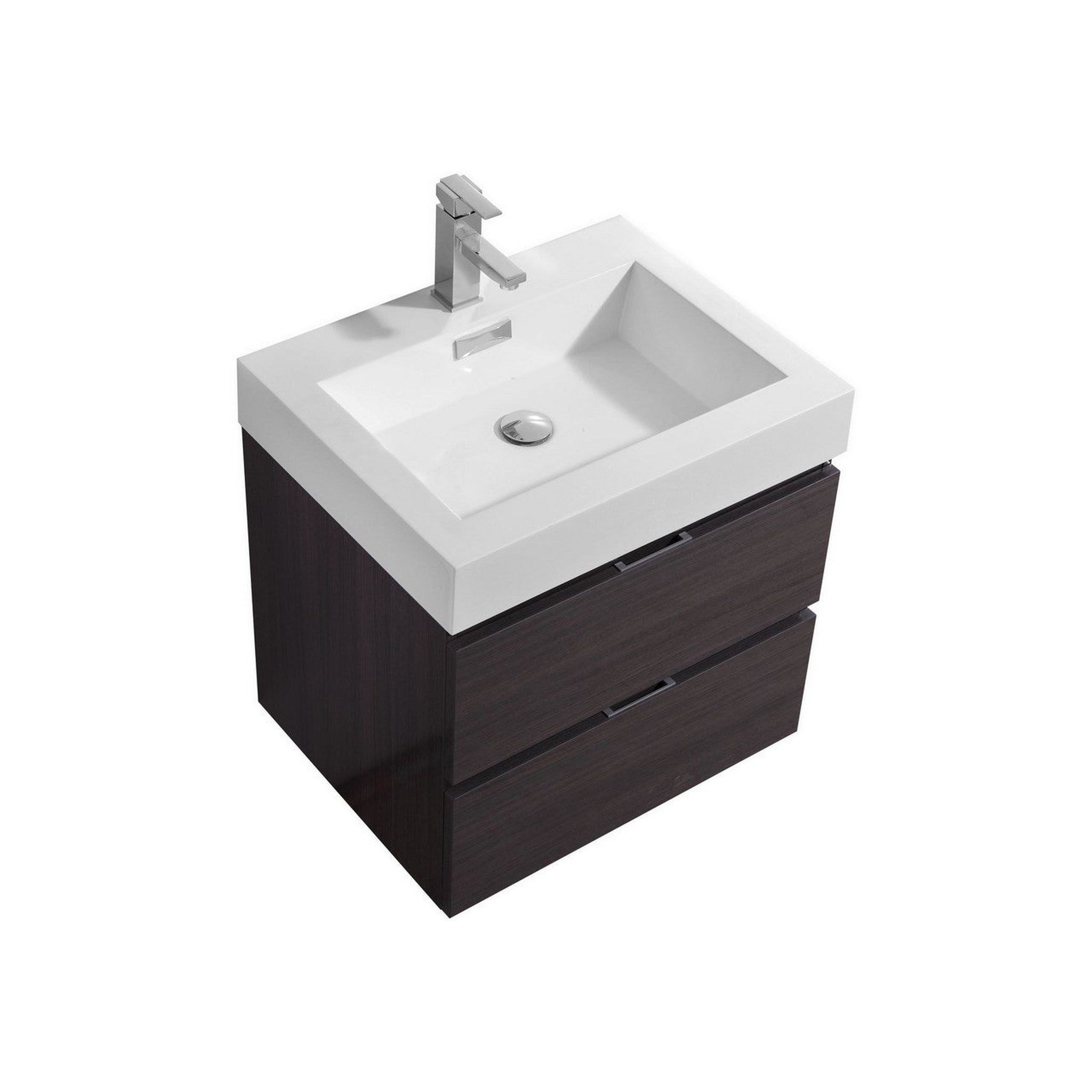 KubeBath, KubeBath Bliss 24" High Gloss Gray Oak Wall-Mounted Modern Bathroom Vanity With Single Integrated Acrylic Sink With Overflow and 22" Wood Framed Mirror With Shelf