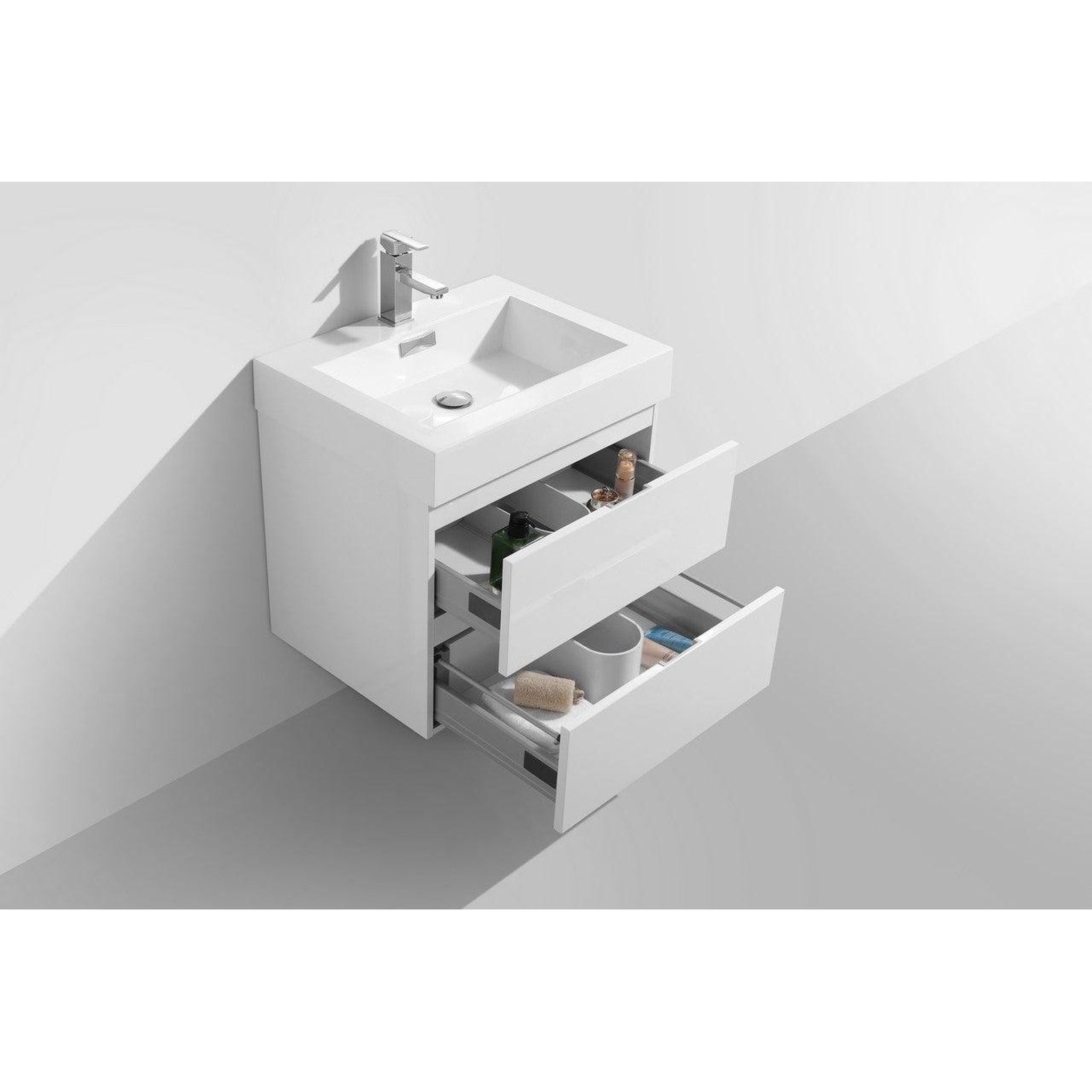 KubeBath, KubeBath Bliss 24" High Gloss White Wall-Mounted Modern Bathroom Vanity With Single Integrated Acrylic Sink With Overflow and 24" White Framed Mirror With Shelf