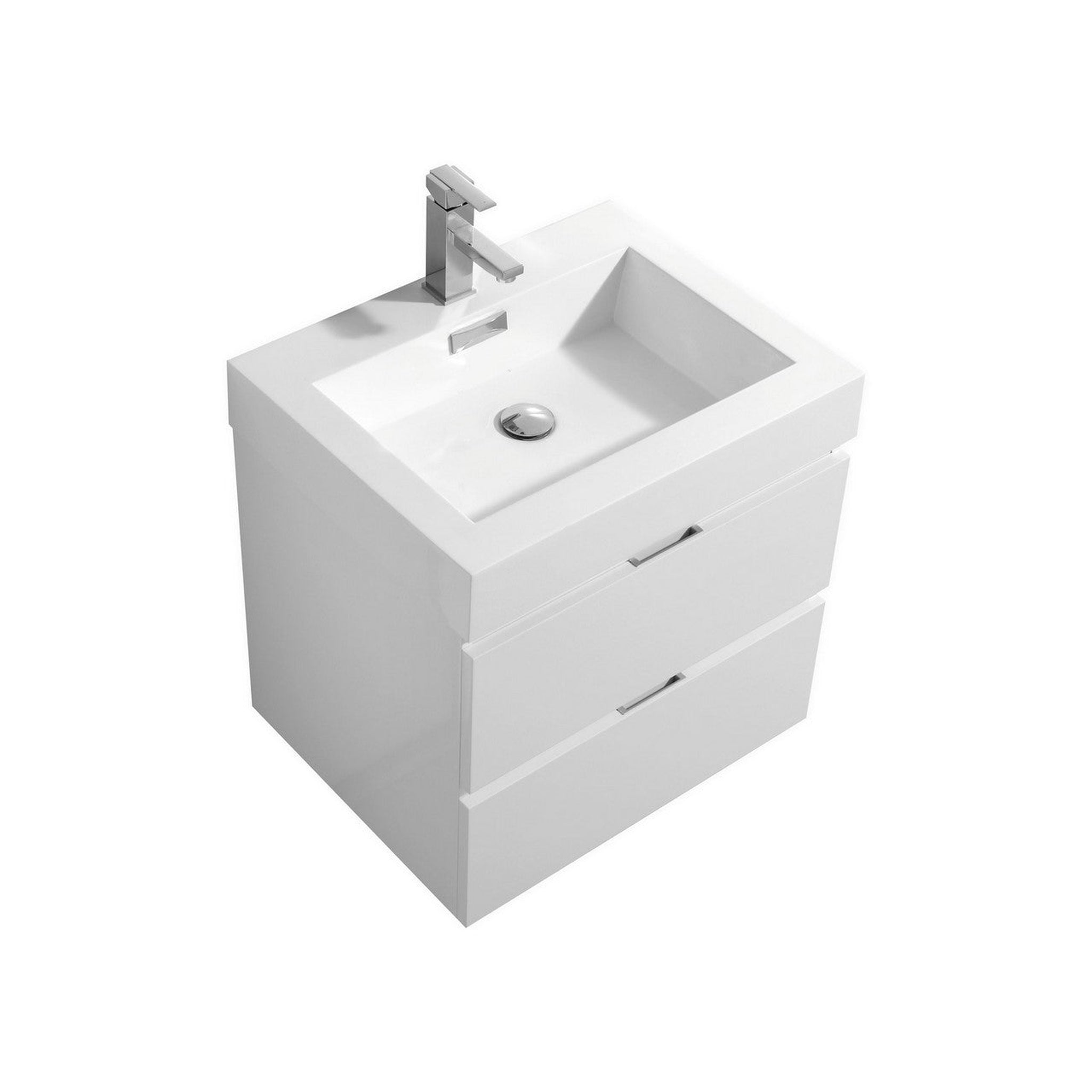 KubeBath, KubeBath Bliss 24" High Gloss White Wall-Mounted Modern Bathroom Vanity With Single Integrated Acrylic Sink With Overflow and 24" White Framed Mirror With Shelf