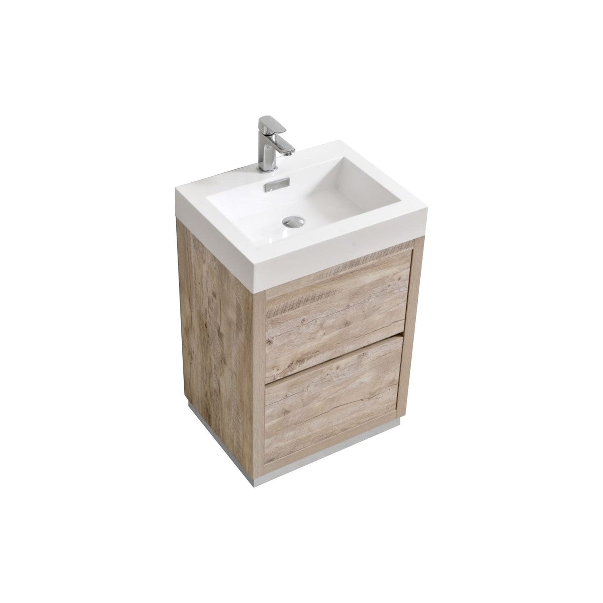 KubeBath, KubeBath Bliss 24" Nature Wood Freestanding Modern Bathroom Vanity With Single Integrated Acrylic Sink With Overflow and 24" Wood Framed Mirror With Shelf