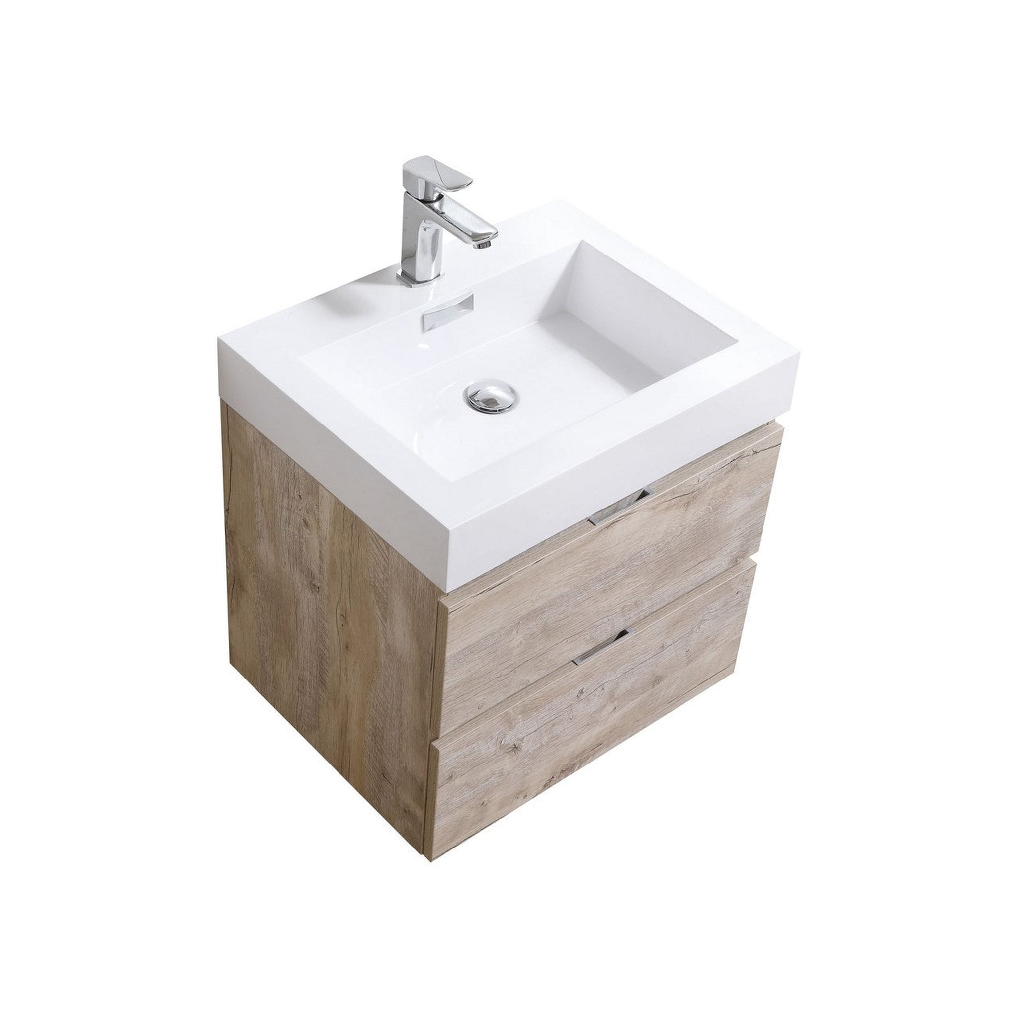 KubeBath, KubeBath Bliss 24" Nature Wood Wall-Mounted Modern Bathroom Vanity With Single Integrated Acrylic Sink With Overflow and 24" Wood Framed Mirror With Shelf