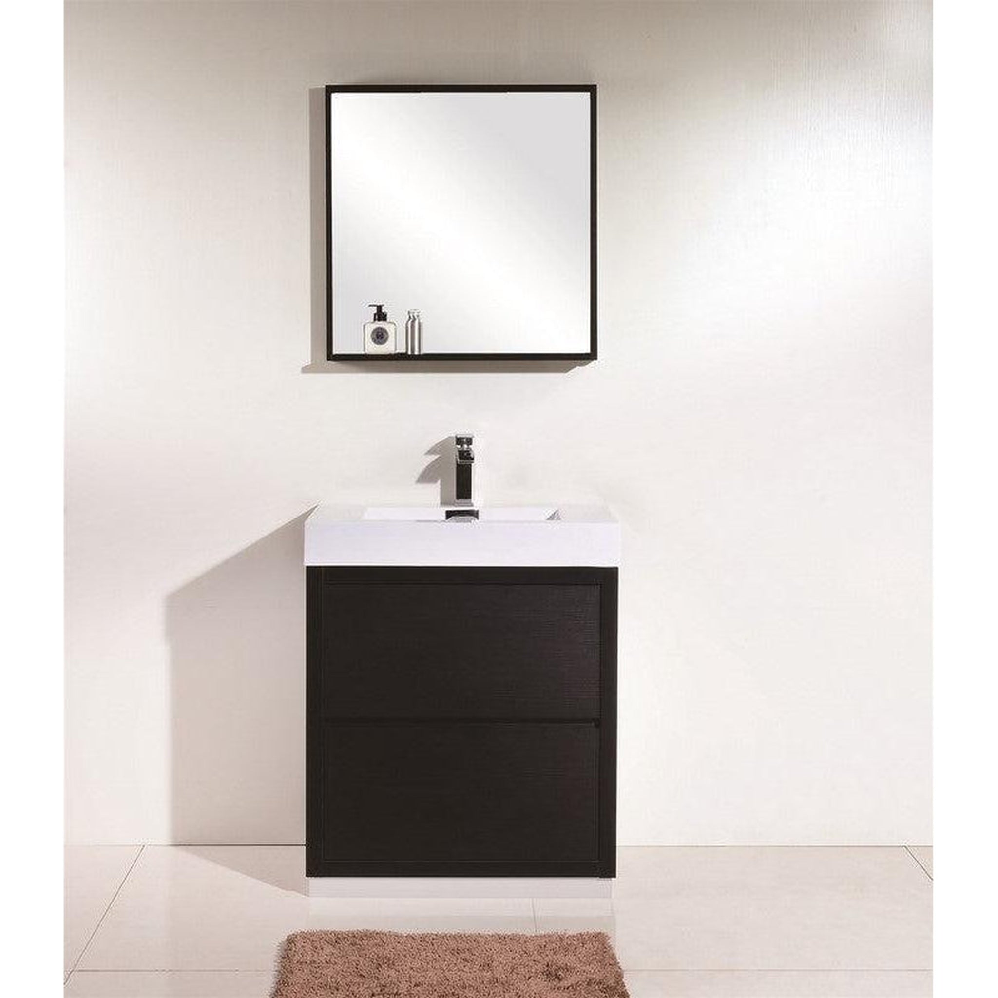 KubeBath, KubeBath Bliss 30" Black Freestanding Modern Bathroom Vanity With Single Integrated Acrylic Sink With Overflow and 28" Black Framed Mirror With Shelf