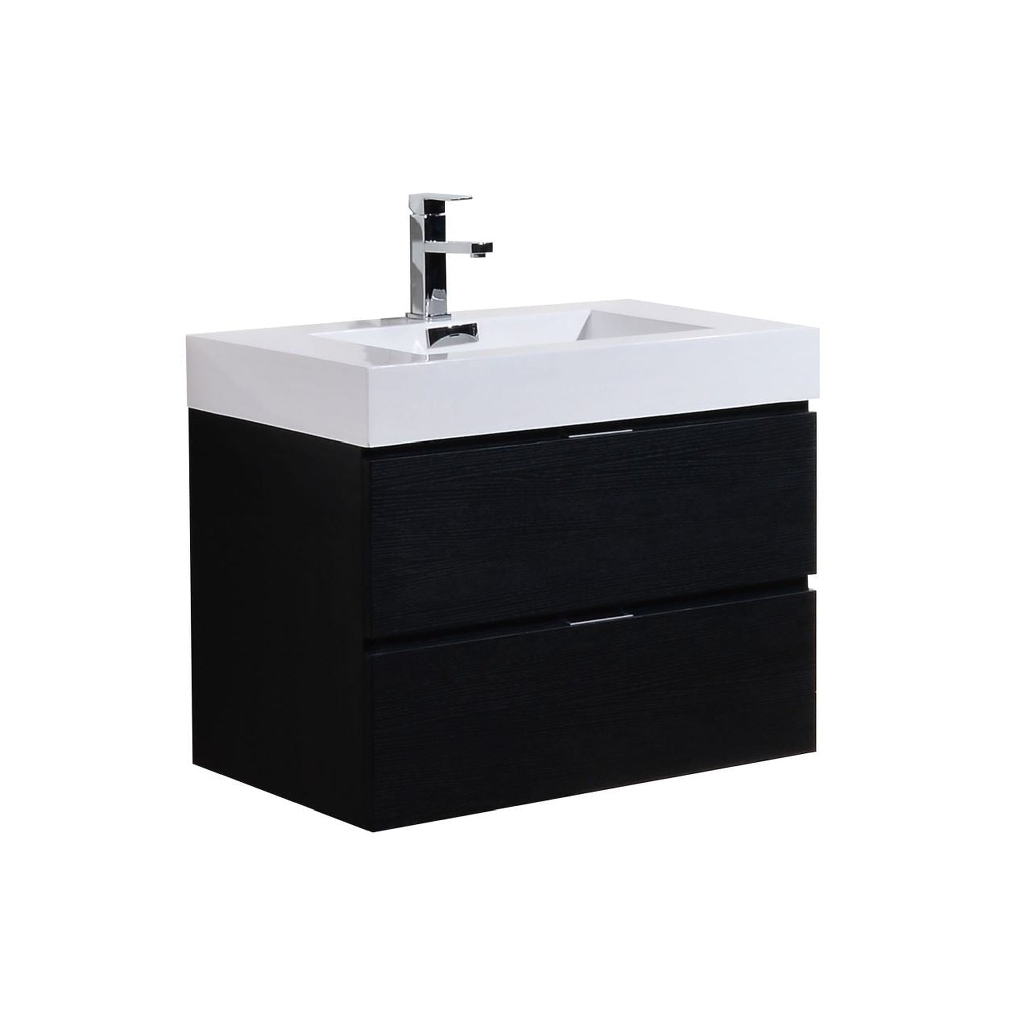 KubeBath, KubeBath Bliss 30" Black Wall-Mounted Modern Bathroom Vanity With Single Integrated Acrylic Sink With Overflow and 28" Black Framed Mirror With Shelf