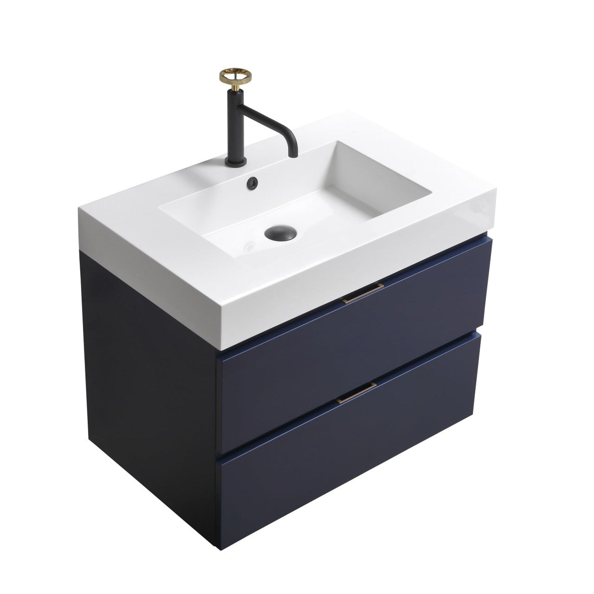 KubeBath, KubeBath Bliss 30" Blue Wall-Mounted Modern Bathroom Vanity With Single Integrated Acrylic Sink With Overflow and 30" White Framed Mirror With Shelf