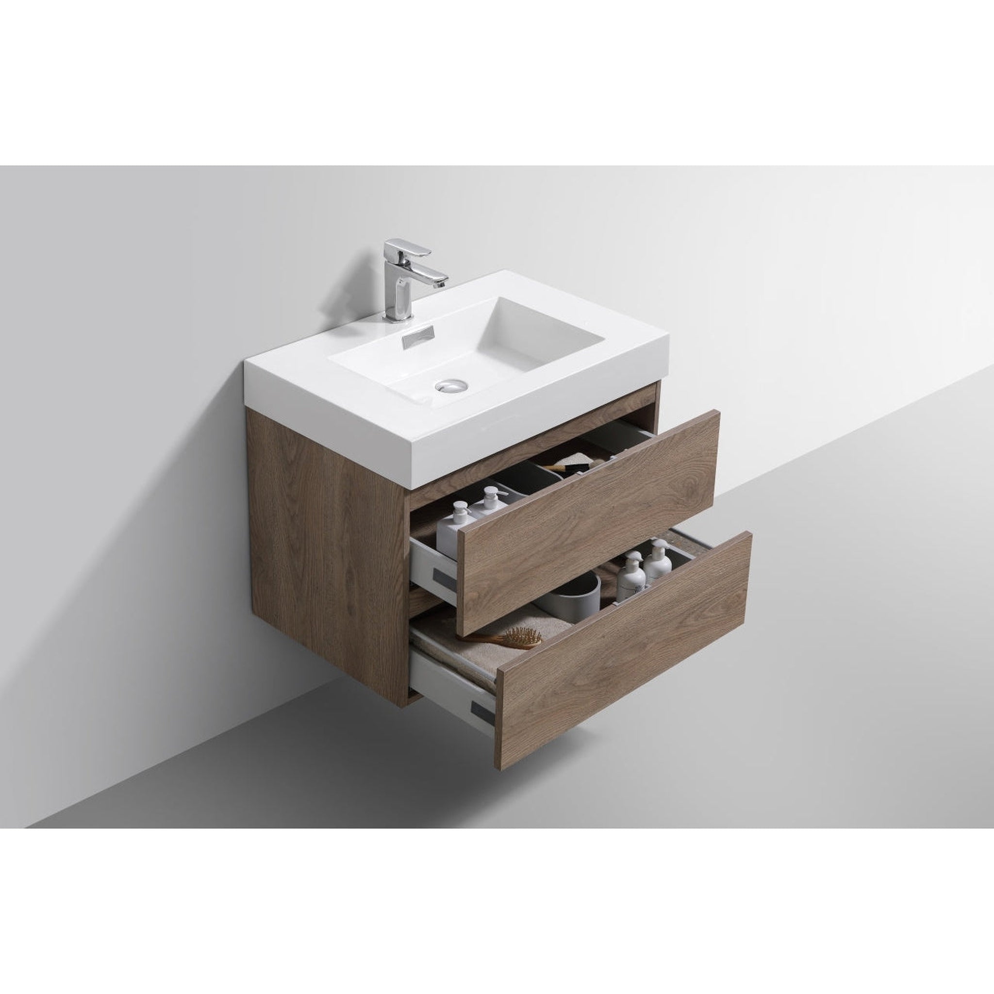 KubeBath, KubeBath Bliss 30" Butternut Wall-Mounted Modern Bathroom Vanity With Single Integrated Acrylic Sink With Overflow