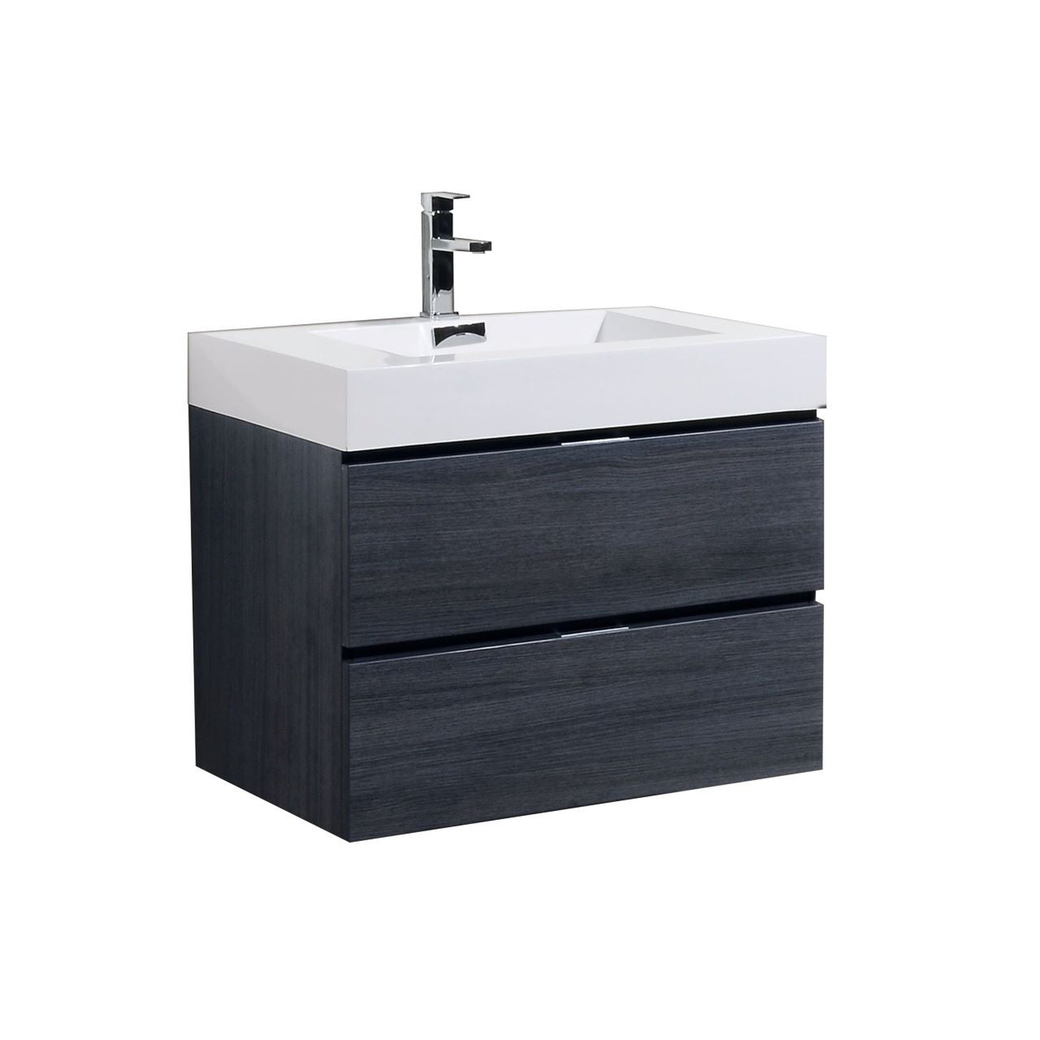 KubeBath, KubeBath Bliss 30" Gray Oak Wall-Mounted Modern Bathroom Vanity With Single Integrated Acrylic Sink With Overflow and Bliss 28" Framed Mirror With Shelf