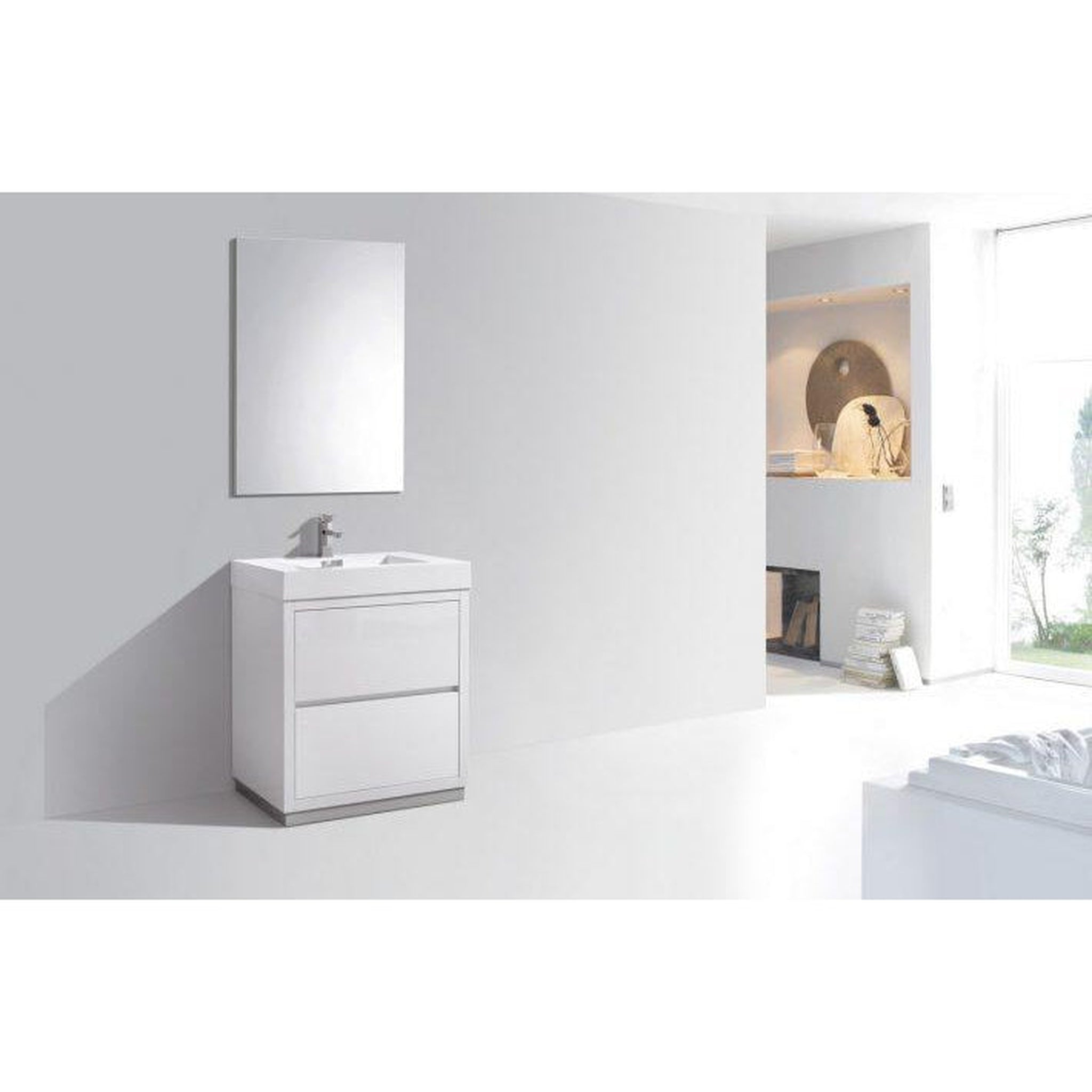 KubeBath, KubeBath Bliss 30" High Gloss White Freestanding Modern Bathroom Vanity With Single Integrated Acrylic Sink With Overflow and 30" White Framed Mirror With Shelf