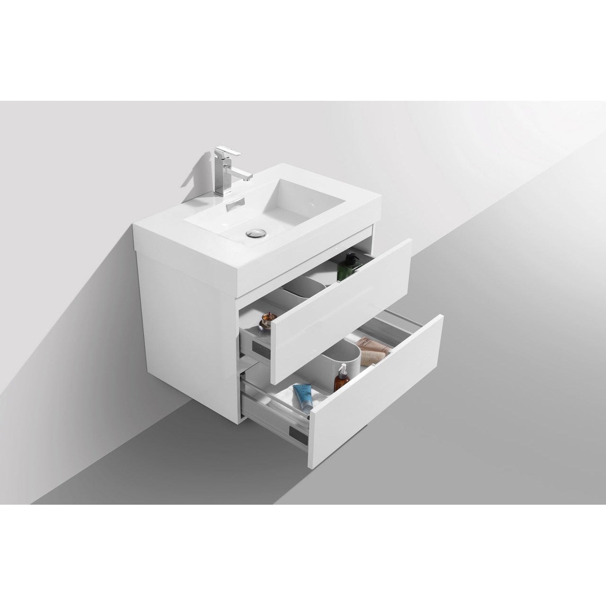 KubeBath, KubeBath Bliss 30" High Gloss White Wall-Mounted Modern Bathroom Vanity With Single Integrated Acrylic Sink With Overflow and 30" White Framed Mirror With Shelf