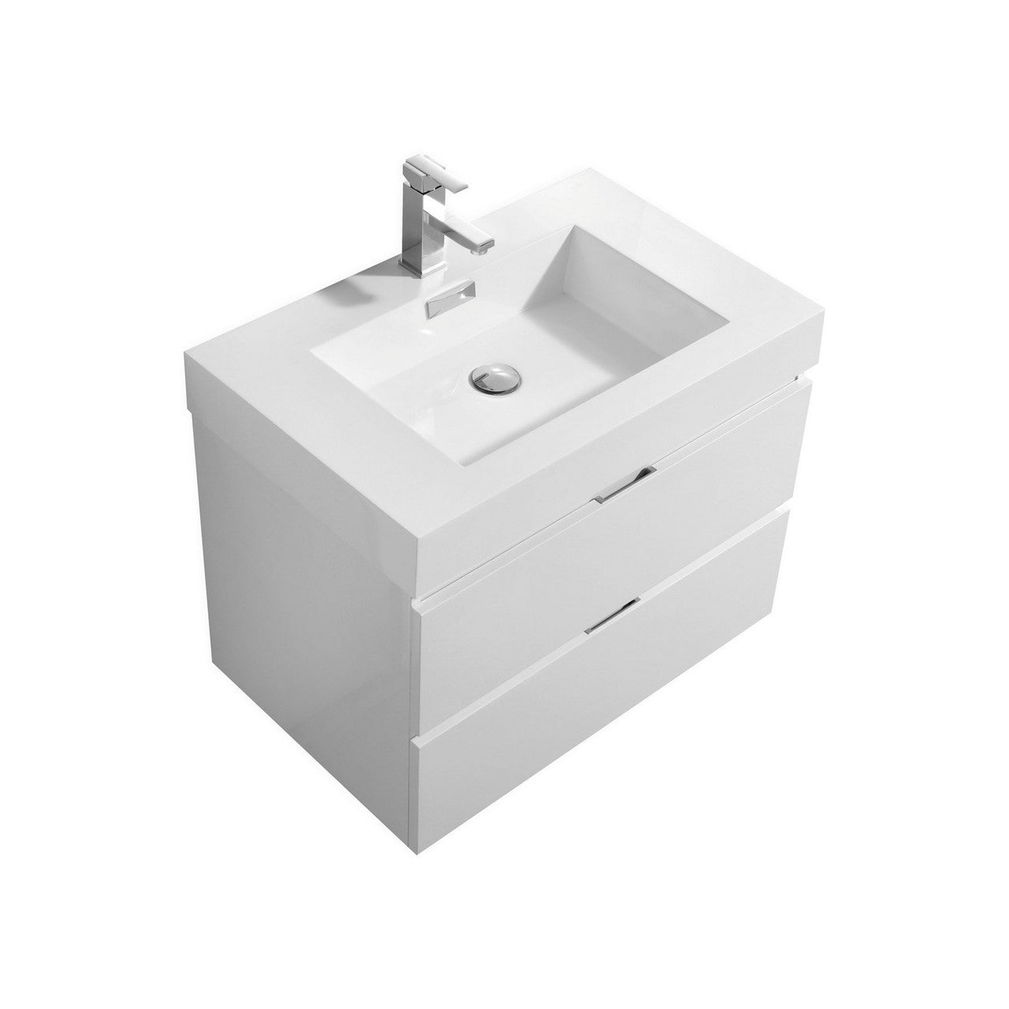 KubeBath, KubeBath Bliss 30" High Gloss White Wall-Mounted Modern Bathroom Vanity With Single Integrated Acrylic Sink With Overflow and 30" White Framed Mirror With Shelf