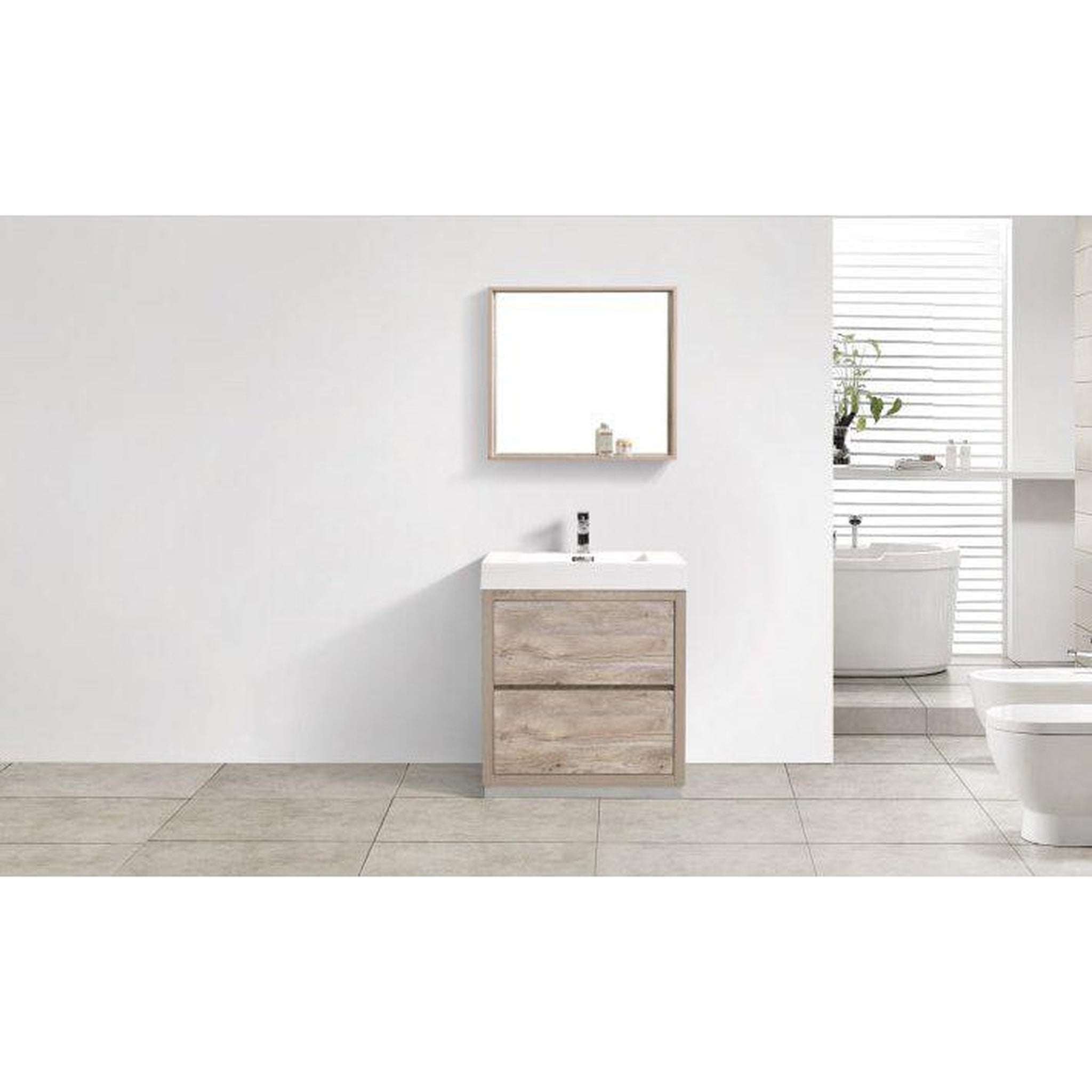 KubeBath, KubeBath Bliss 30" Nature Wood Freestanding Modern Bathroom Vanity With Single Integrated Acrylic Sink With Overflow