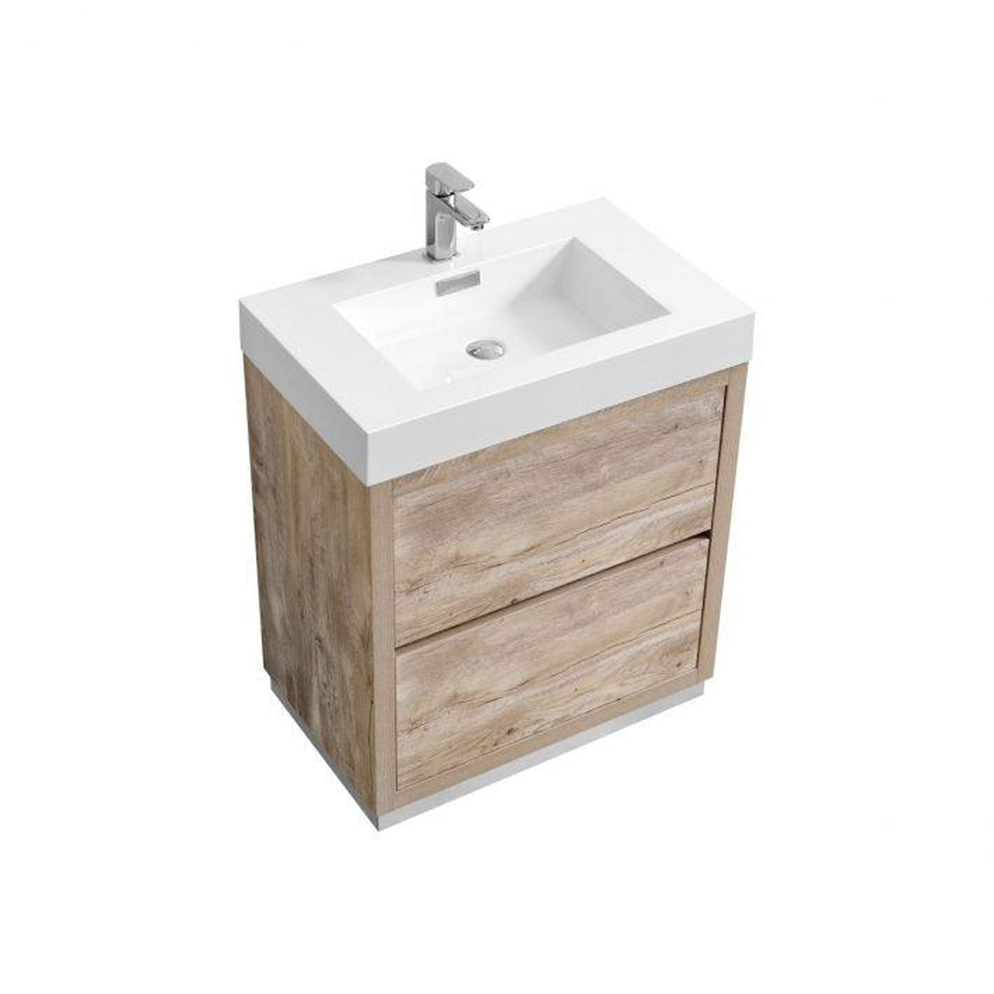 KubeBath, KubeBath Bliss 30" Nature Wood Freestanding Modern Bathroom Vanity With Single Integrated Acrylic Sink With Overflow and 30" Wood Framed Mirror With Shelf