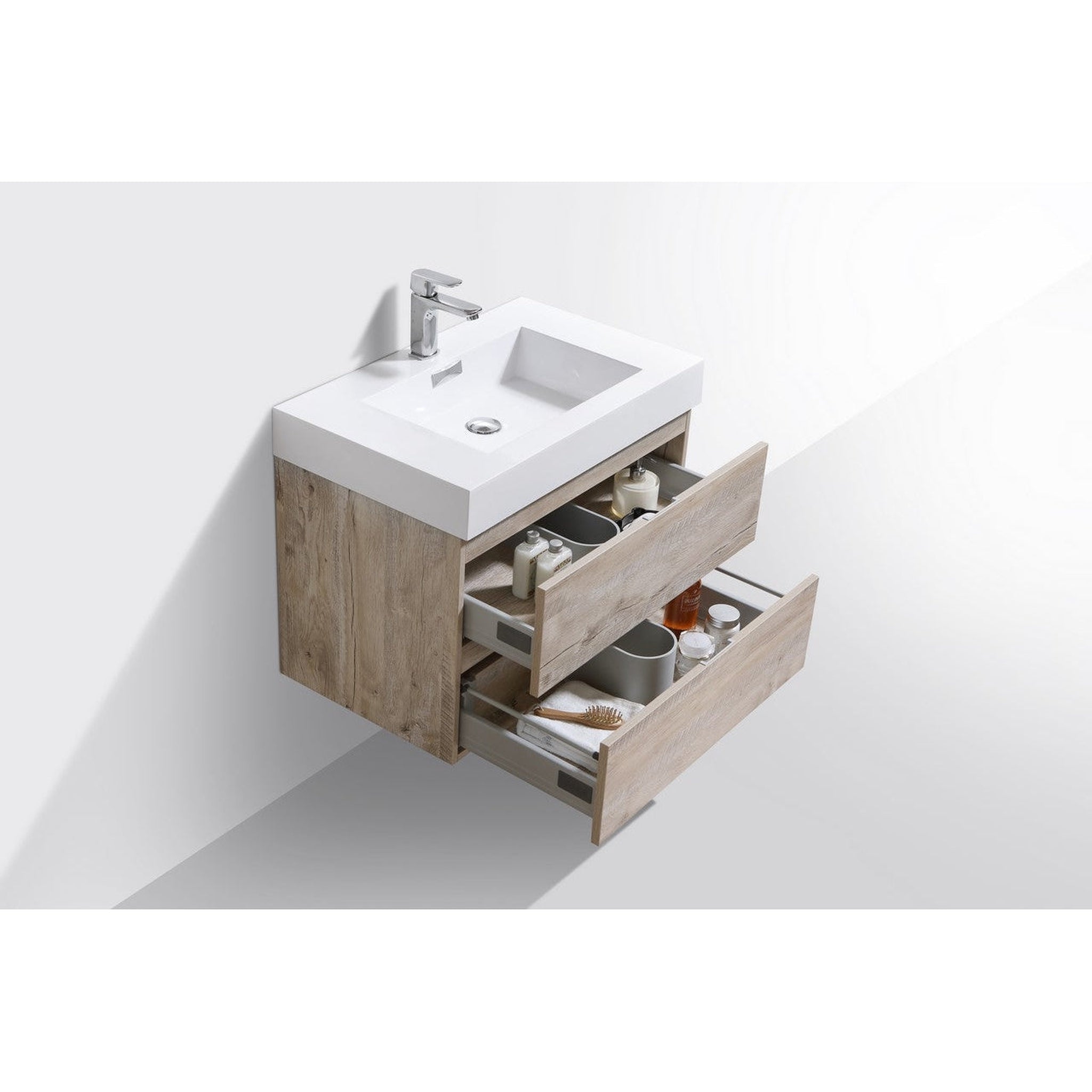 KubeBath, KubeBath Bliss 30" Nature Wood Wall-Mounted Modern Bathroom Vanity With Single Integrated Acrylic Sink With Overflow