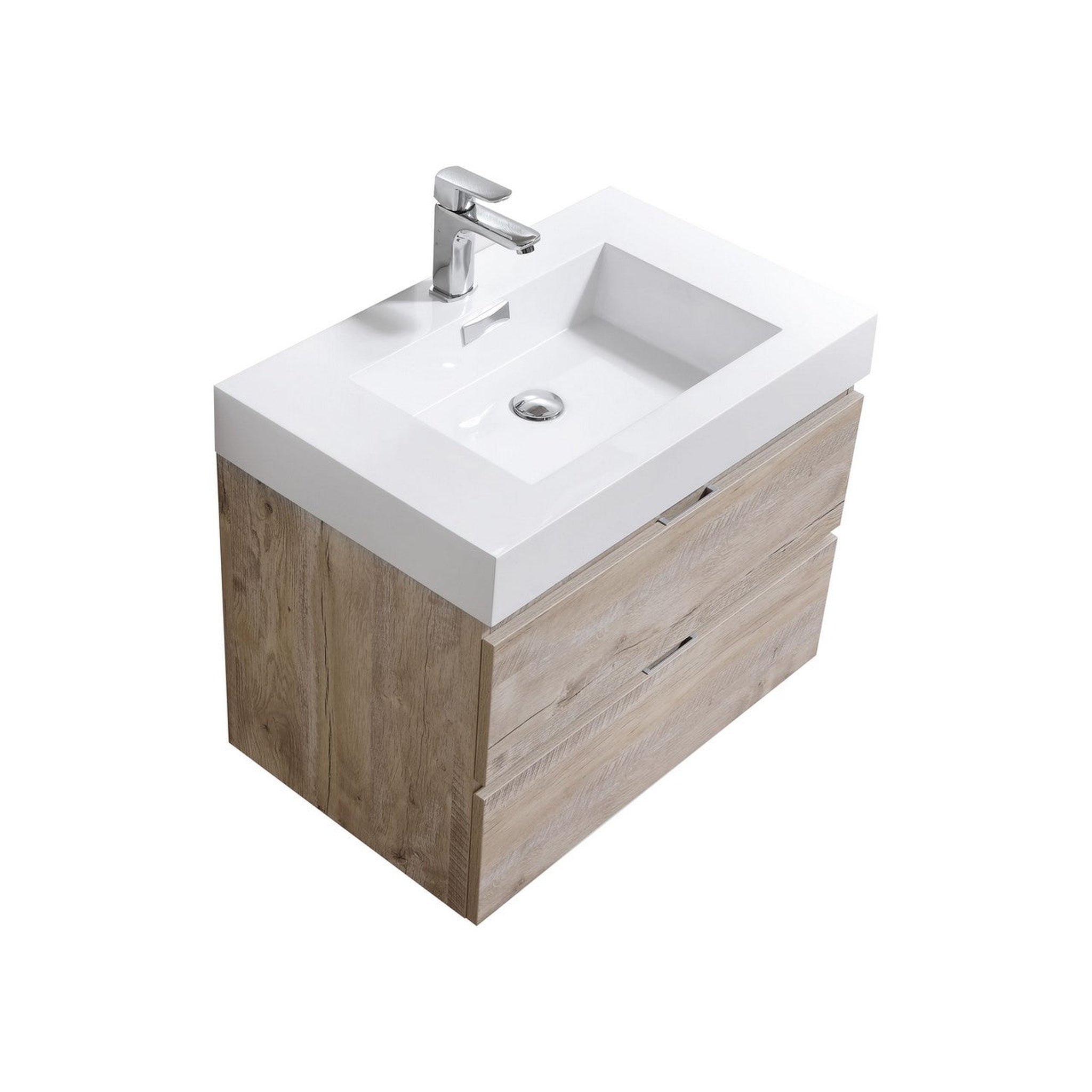 KubeBath, KubeBath Bliss 30" Nature Wood Wall-Mounted Modern Bathroom Vanity With Single Integrated Acrylic Sink With Overflow and 30" Wood Framed Mirror With Shelf