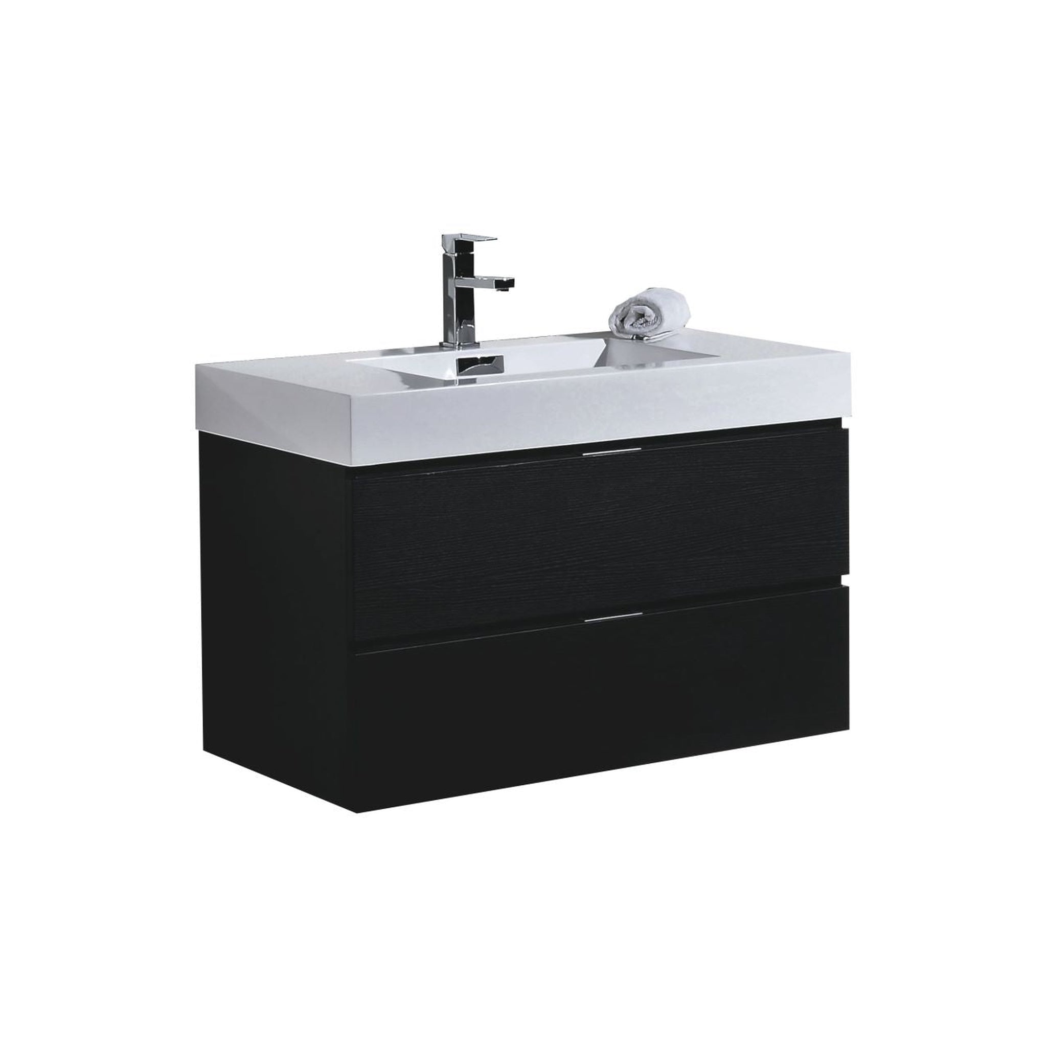 KubeBath, KubeBath Bliss 36" Black Wall-Mounted Modern Bathroom Vanity With Single Integrated Acrylic Sink With Overflow and 34" Black Framed Mirror With Shelf