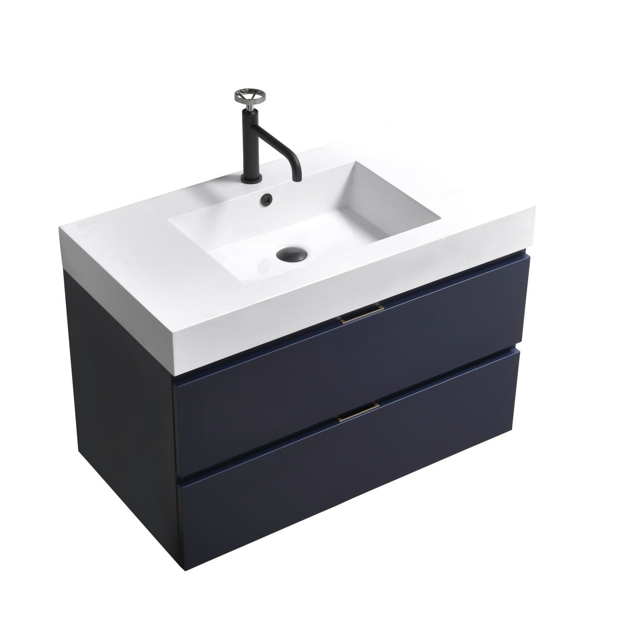 KubeBath, KubeBath Bliss 36" Blue Wall-Mounted Modern Bathroom Vanity With Single Integrated Acrylic Sink With Overflow and 36" White Framed Mirror With Shelf